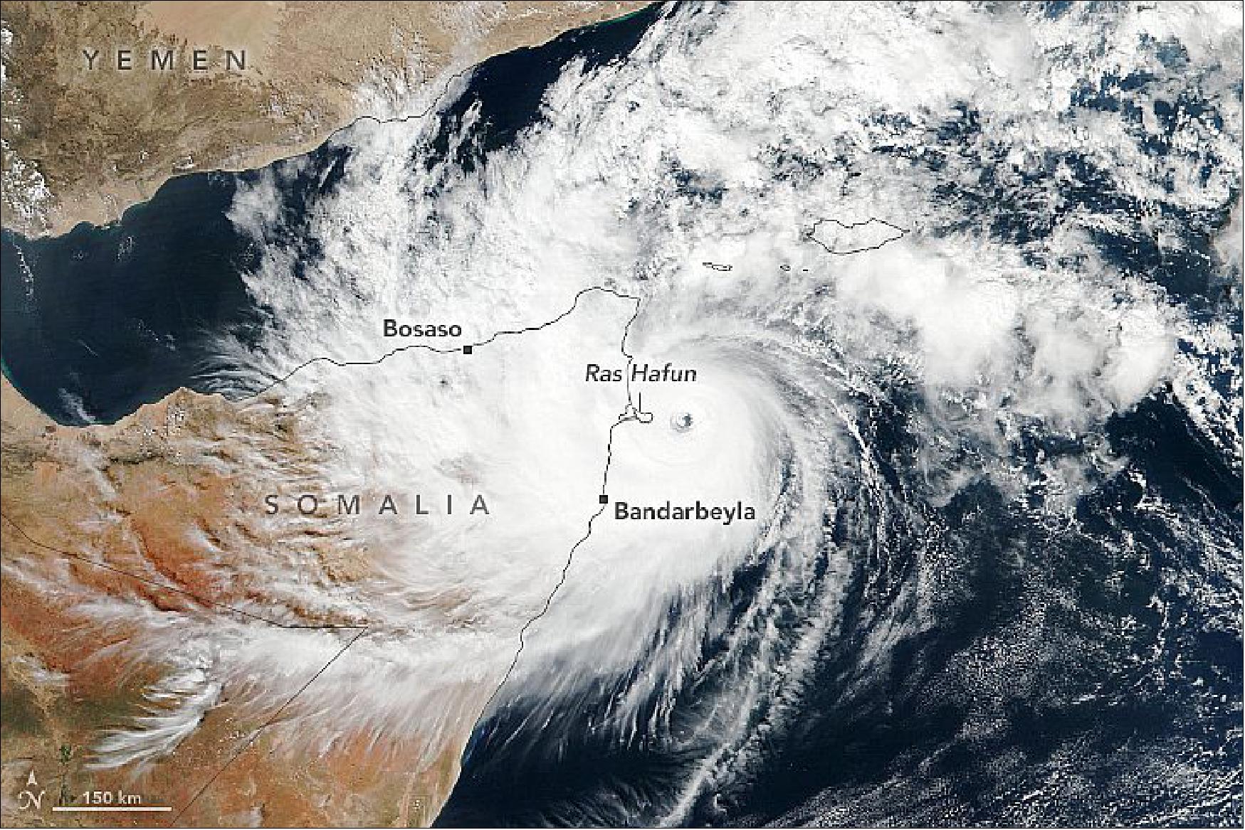 Figure 1: The natural-color image shows Gati before making landfall over Ras Hafun (the easternmost point in Africa) on November 22. The image was acquired by the Visible Infrared Imaging Radiometer Suite (VIIRS) on the Suomi NPP satellite (image credit: NASA Earth Observatory images by Lauren Dauphin, using IMERG data from the Global Precipitation Mission (GPM) at NASA/GSFC and VIIRS data from NASA EOSDIS/LANCE and GIBS/Worldview and the Suomi National Polar-orbiting Partnership. Story by Kasha Patel)