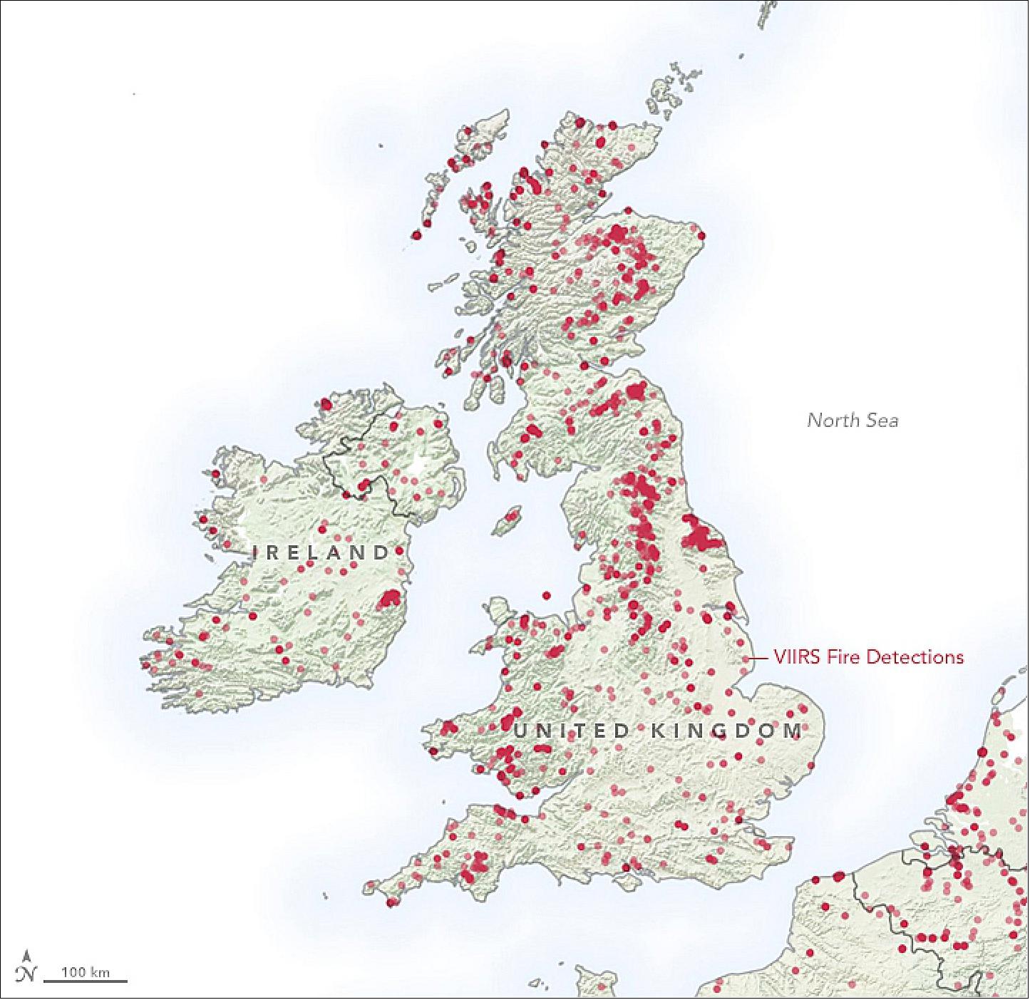 Figure 49: Fires in the UK, detected by the VIIRS instrument on Suomi NPP in the period January 1 - April 30, 2019 (image credit: NASA Earth Observatory, image by Lauren Dauphin, using VIIRS data from the Suomi National Polar-orbiting Partnership. Story by Kathryn Hansen)