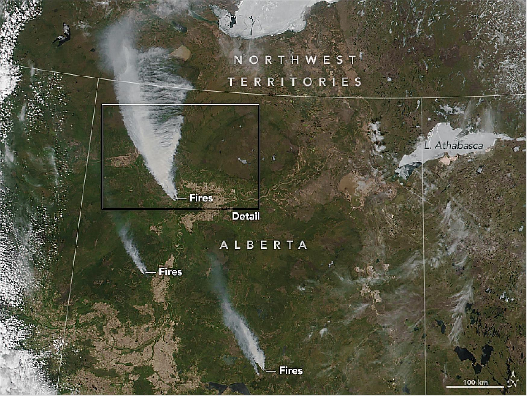 Figure 48: VIIRS on the Suomi NPP satellite acquired this natural-color image of northern Alberta in the early afternoon of May 19, 2019 (image credit: NASA Earth Observatory, image by Joshua Stevens, using VIIRS data from NASA EOSDIS/LANCE and GIBS/Worldview, and the Suomi National Polar-orbiting Partnership. Story by Mike Carlowicz)