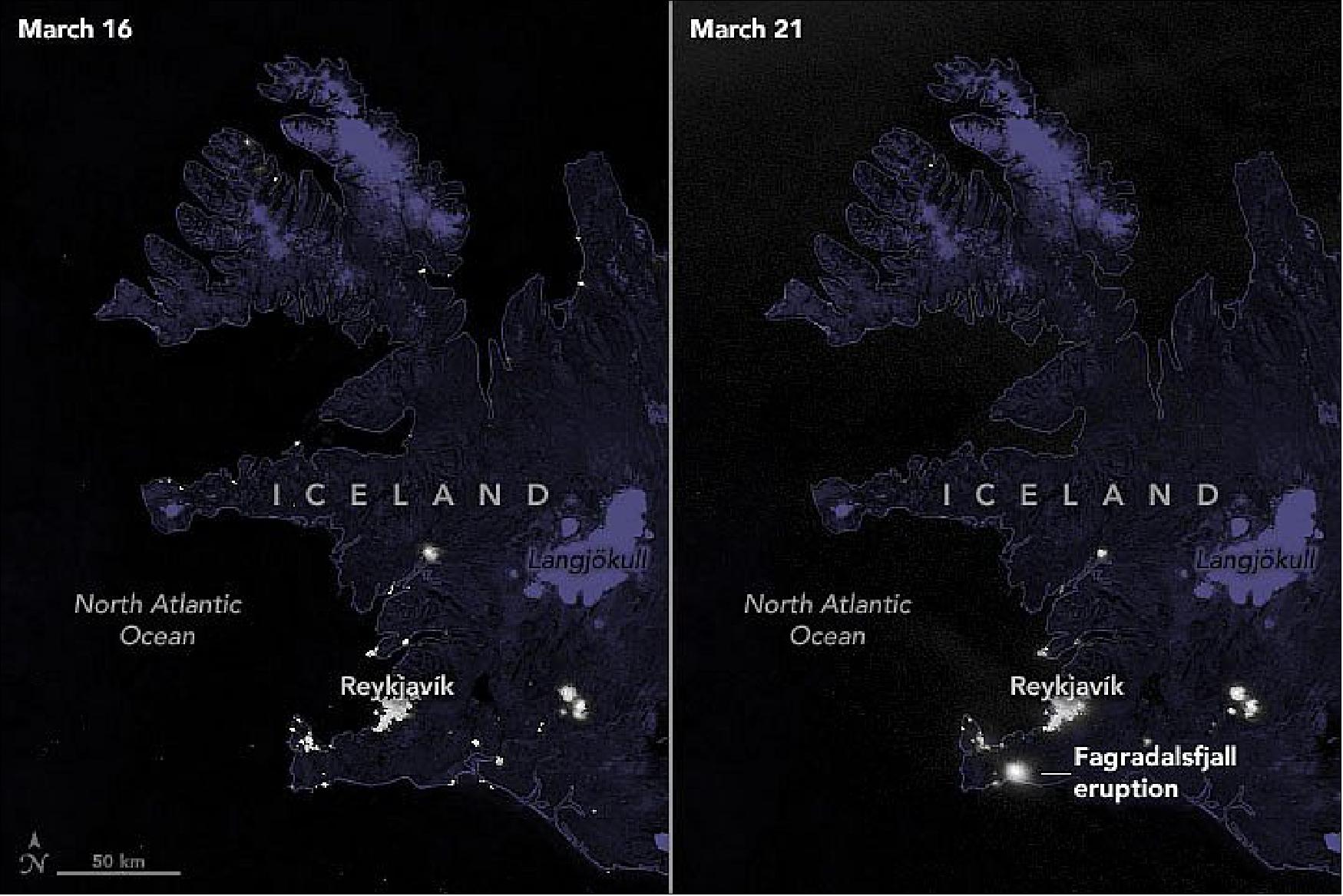 Figure 54: In an eruption not far from Reykjavik, lava poured from spatter cones along a new fissure on Reykjanes peninsula. The images were acquired with the day-night band of the Visible Infrared Imaging Radiometer Suite (VIIRS), which detects light in a range of wavelengths from green to near-infrared and uses filtering techniques to observe faint signals such as fires, electric lights, and the glow emitted by lava. During the day, the Moderate Resolution Imaging Spectroradiometer (MODIS) acquired natural-color and false-color imagery as emissions from the eruption slightly brightened clouds in the area (image credit: NASA Earth Observatory images by Joshua Stevens, using VIIRS day-night band data from the Suomi National Polar-orbiting Partnership and imagery from the Earth Observatory's Blue Marble collection. Story by Adam Voiland)