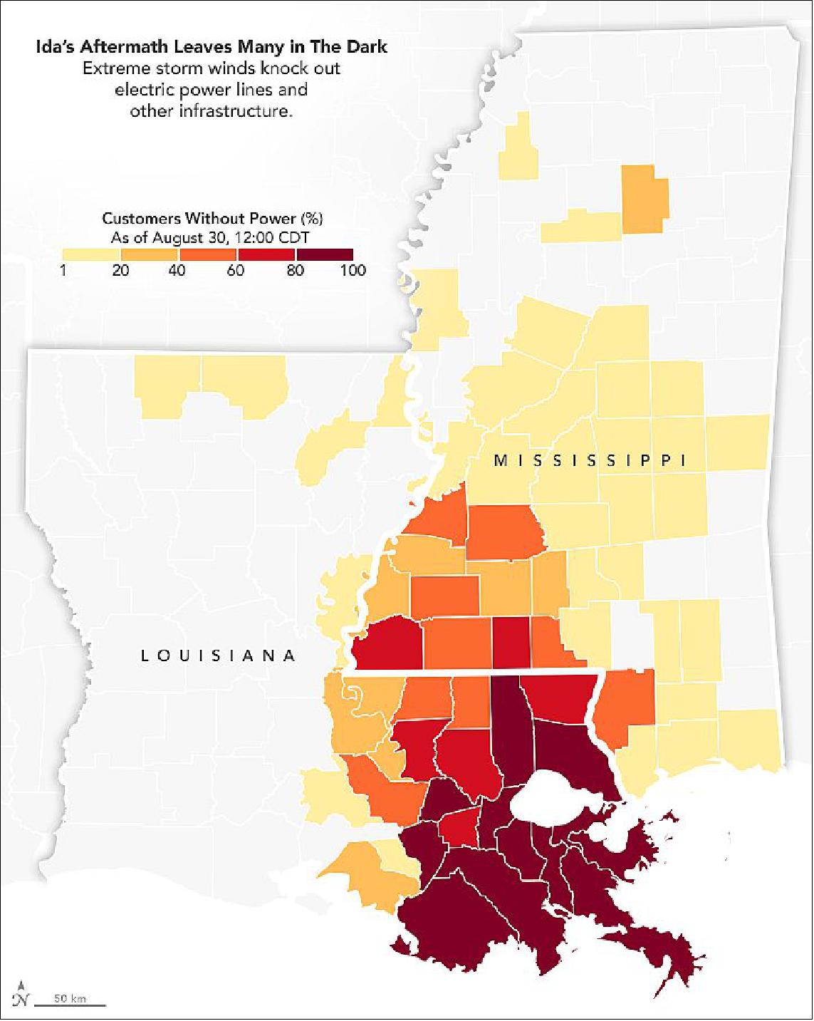 Figure 37: Vast regions in Louisiana without electric power (image credit: NASA Earth Observatory)