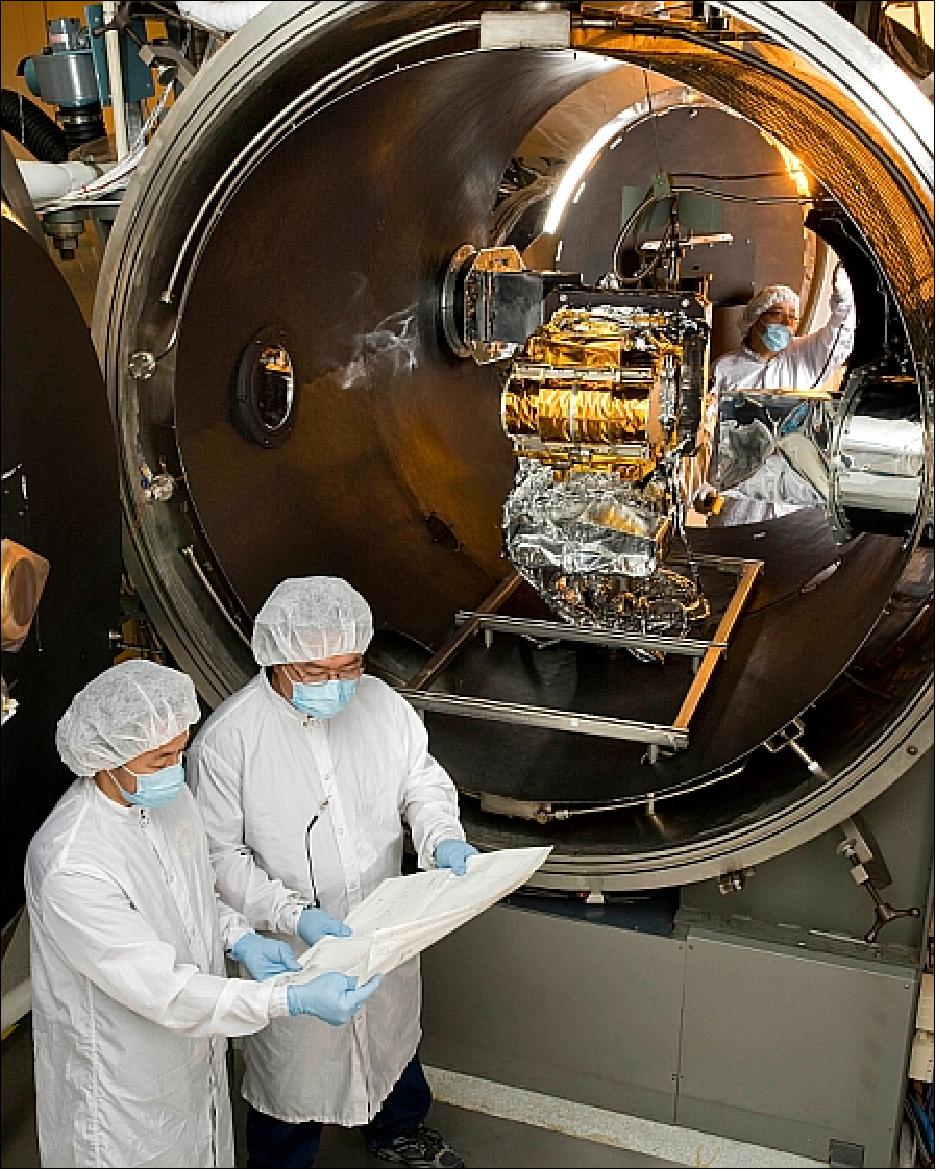 Figure 81: Engineers inspect the CERES FM-25 sensor following the completion of thermal vacuum testing at NGC (image credit: NGC) 102)