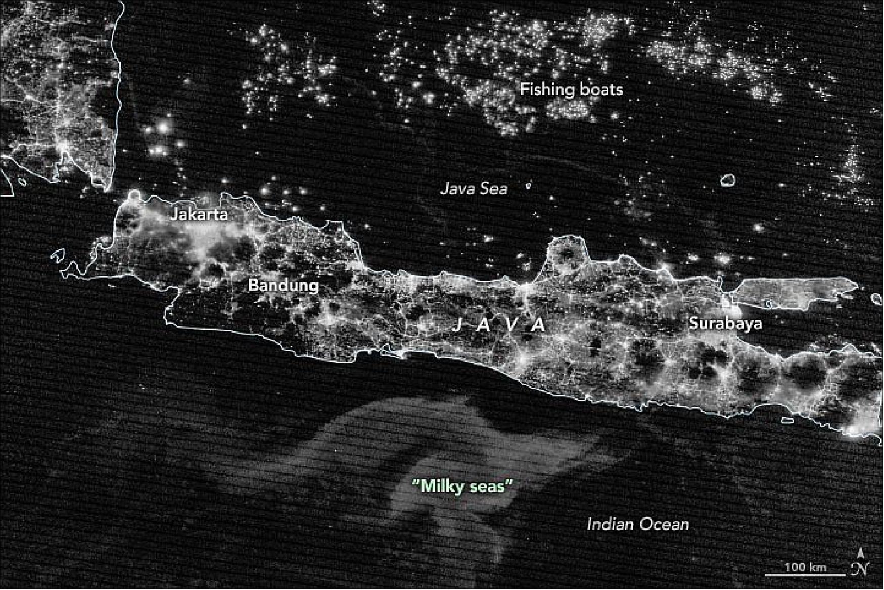 Figure 30: The largest event is shown in this image. The VIIRS instrument on the NOAA-NASA Suomi NPP satellite acquired the image of Java and surrounding seas on August 4, 2019. At its largest extent, the milky sea event spanned 100,000 km2, about the size of Iceland. It began at the end of July and was still visible in early September, spanning two lunar cycles (image credit: NASA Earth Observatory images by Joshua Stevens, using VIIRS day-night band data from Suomi NPP, MODIS data from NASA's Ocean Color Web, and data courtesy of Miller, S. D., et al. (2021). Story by Michael Carlowicz)