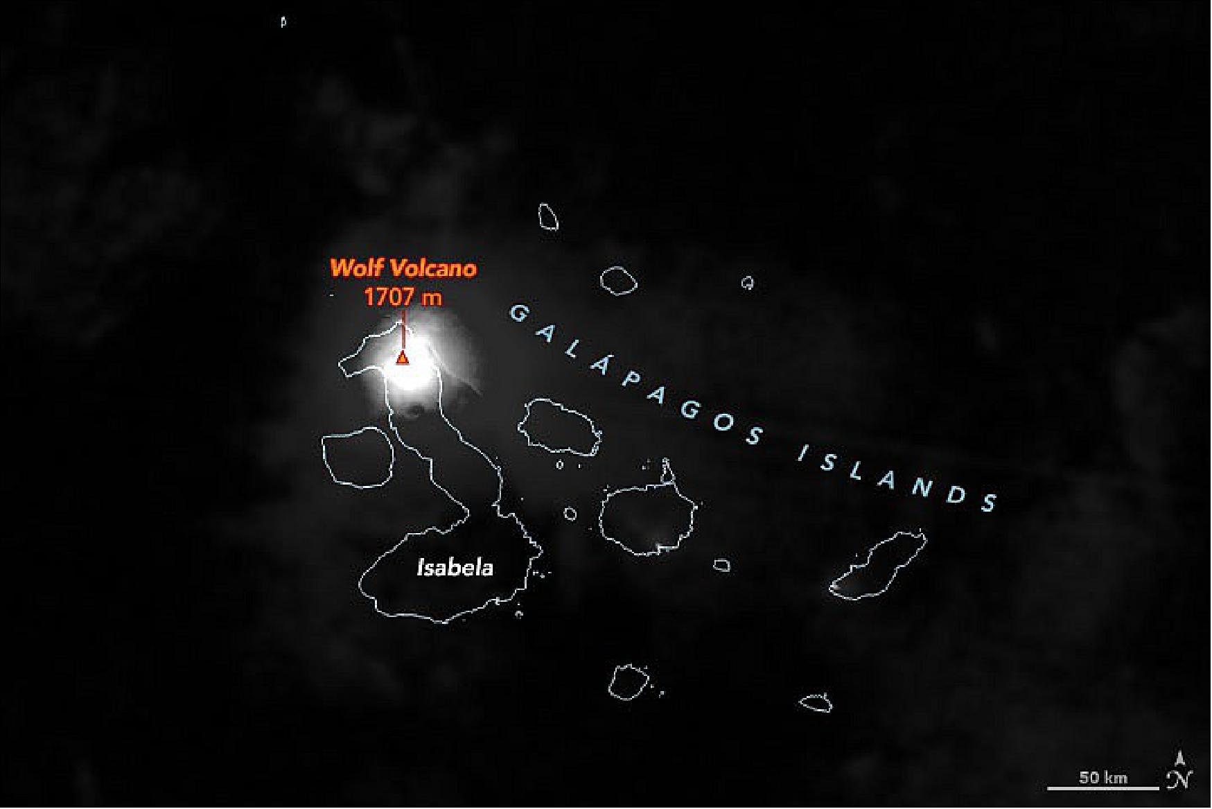 Figure 22: Incandescent lava erupts from a volcano in the Galápagos Islands (image credit: NASA Earth Observatory images by Joshua Stevens, using VIIRS day-night band data from the Suomi National Polar-orbiting Partnership data from NASA EOSDIS LANCE and GIBS/Worldview. Story by Sara E. Pratt)
