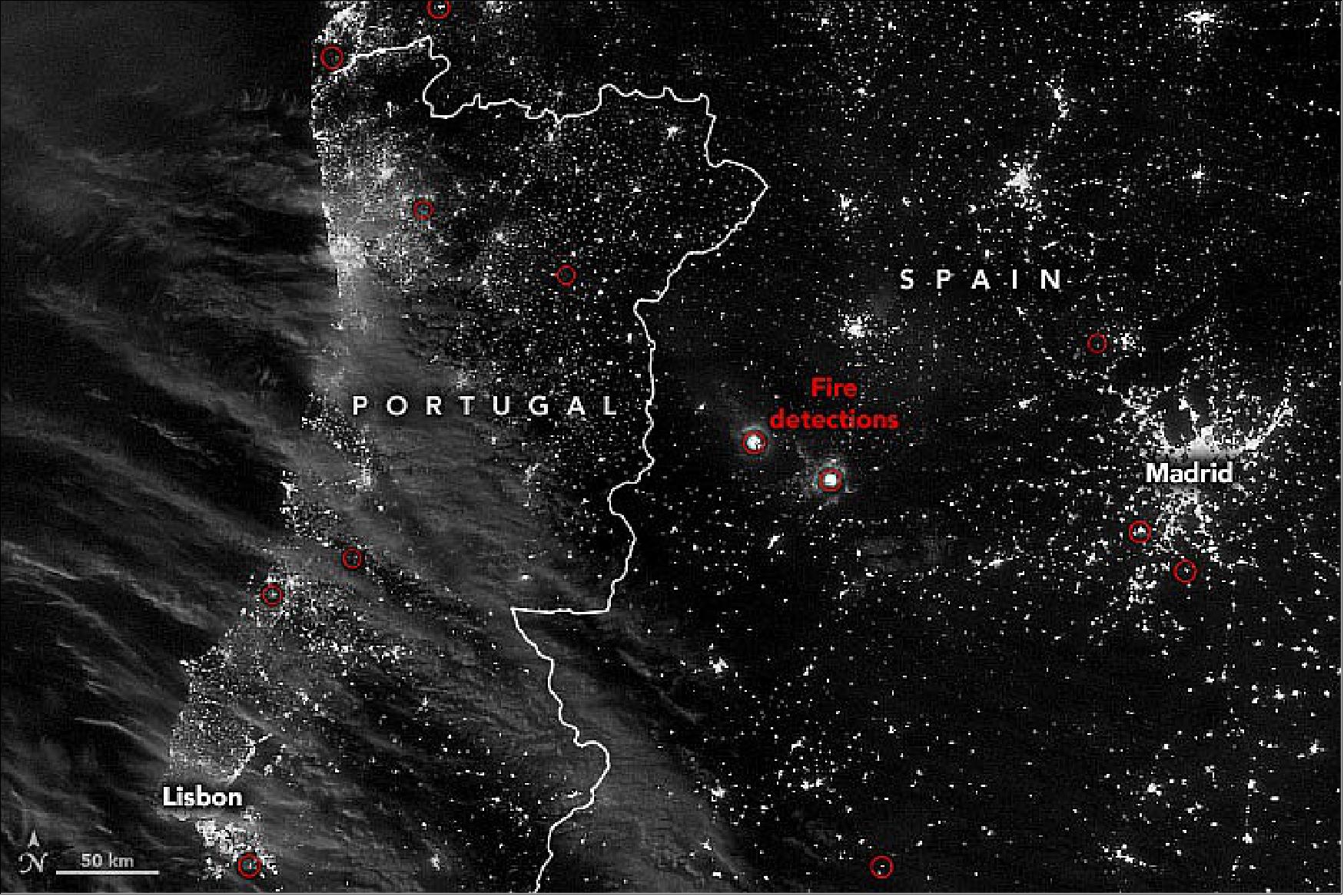 Figure 12: This image shows the locations of fire detections in Portugal and Spain as observed by the Visible Infrared Imaging Radiometer Suite (VIIRS) on the Suomi NPP satellite on July 12, 2022. The prominent fire detections west of Madrid include the town of Las Hurdes where more than 1,500 hectares (3,700 acres) have burned (image credit: NASA Earth Observatory)