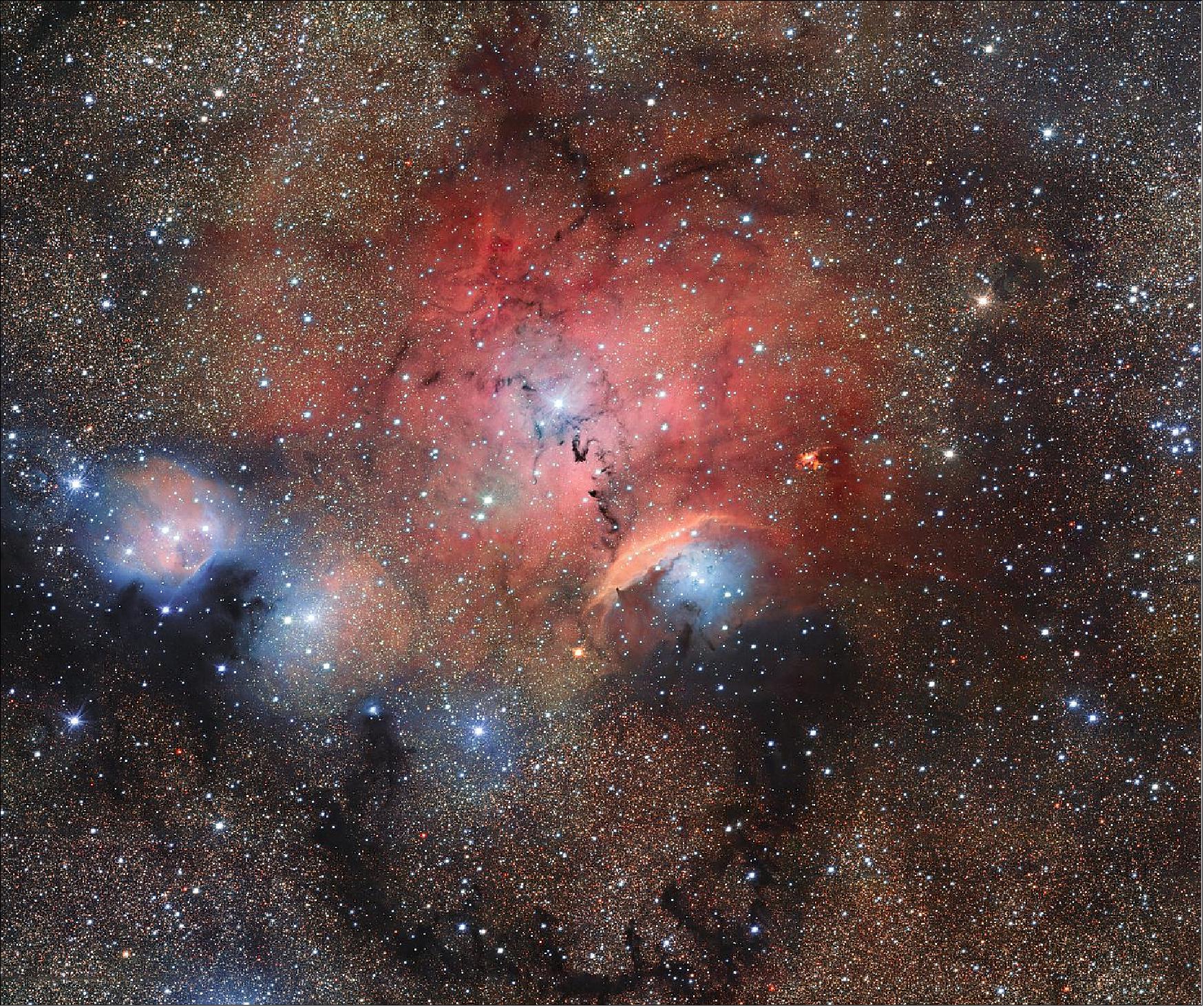 Figure 80: The OmegaCAM camera on ESO’s VLT Survey Telescope has captured this glittering view of the stellar nursery called Sharpless 29. Many astronomical phenomena can be seen in this giant image, including cosmic dust and gas clouds that reflect, absorb, and re-emit the light of hot young stars within the nebula (image credit: ESO)