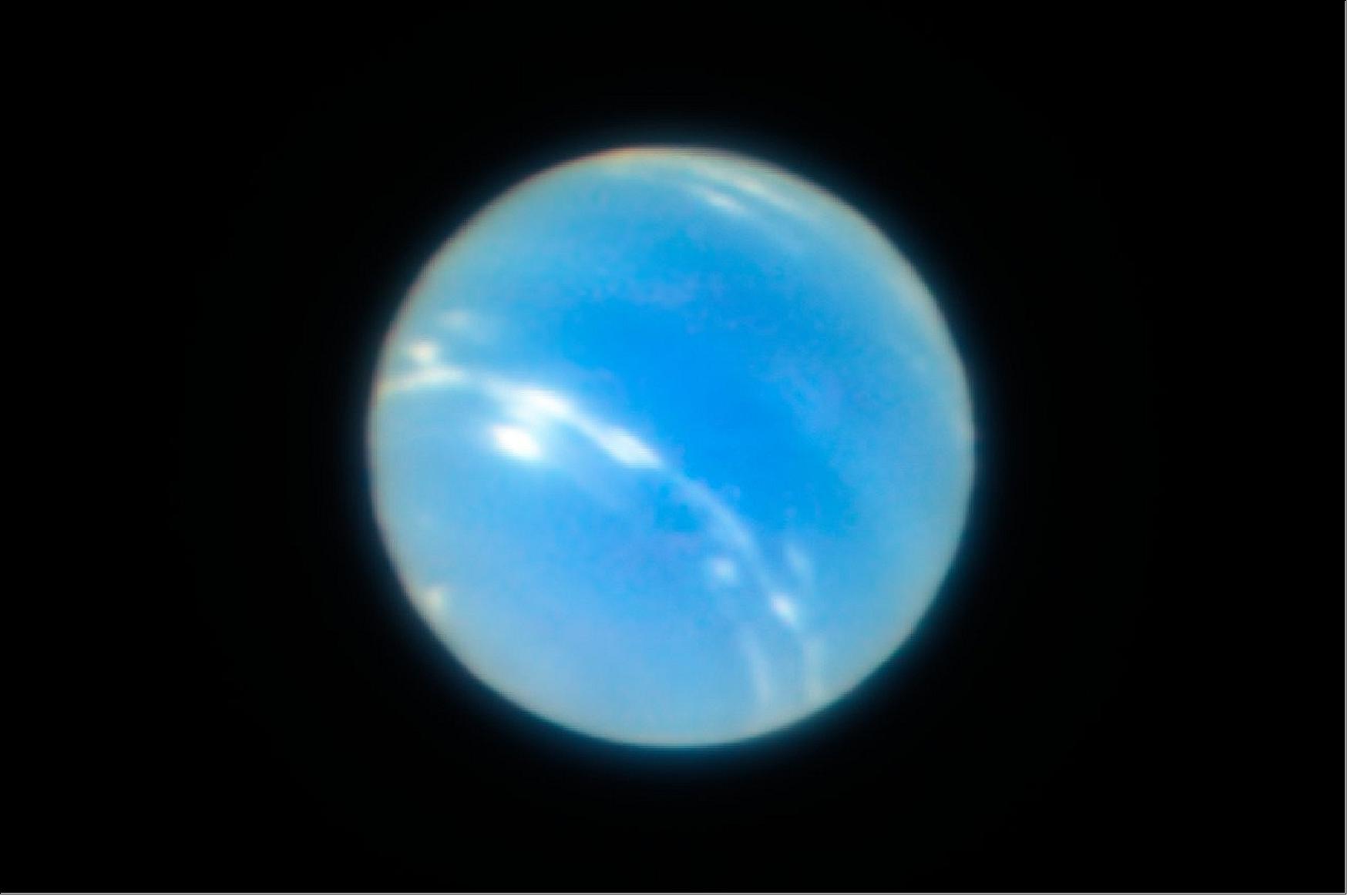 Figure 68: This image of the planet Neptune was obtained during the testing of the Narrow-Field adaptive optics mode of the MUSE/GALACSI instrument on ESO’s Very Large Telescope. The corrected image is sharper than a comparable image from the NASA/ESA Hubble Space Telescope (image credit: ESO/P. Weilbacher (AIP))