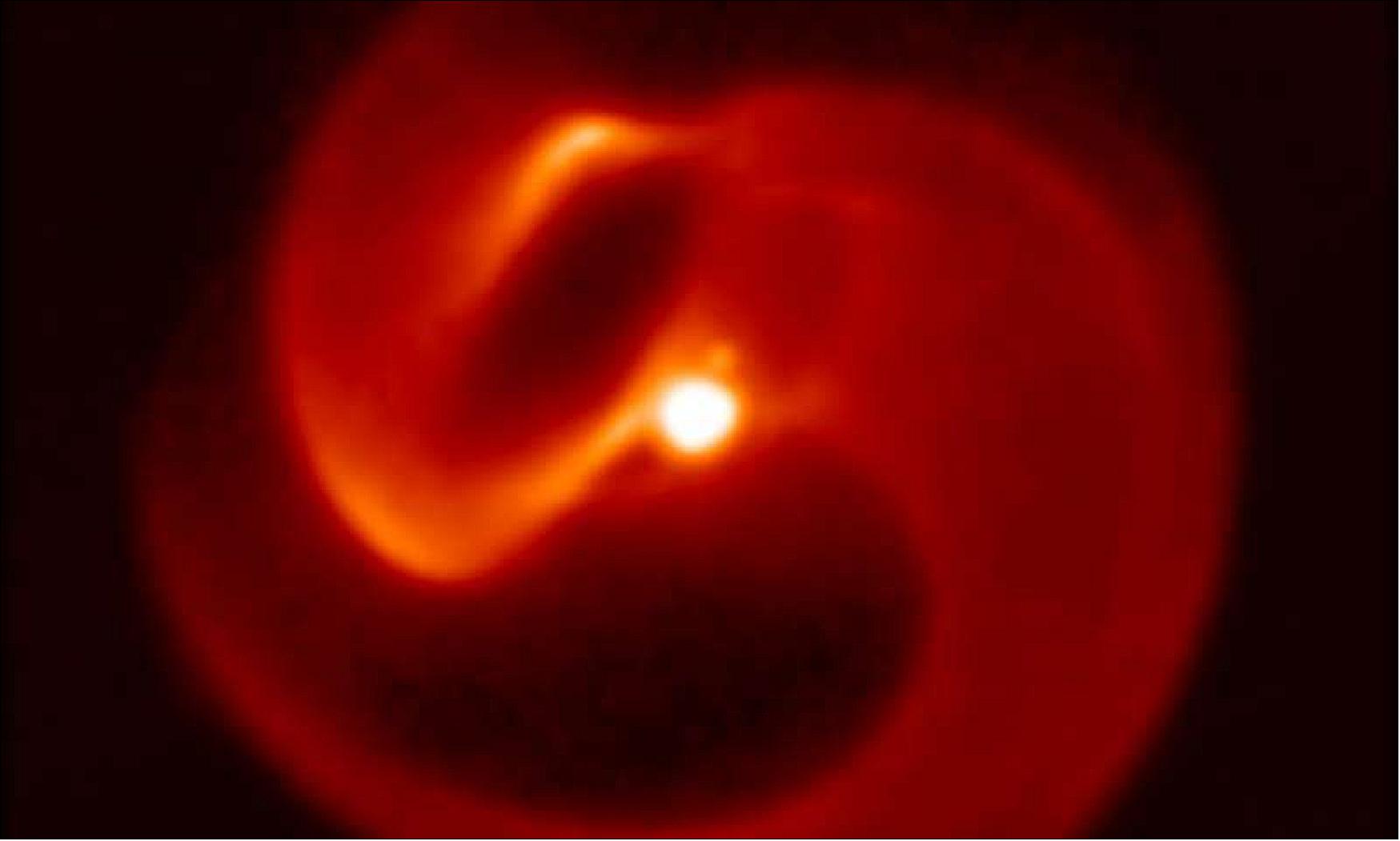 Figure 58: This is an image of Apep captured at 8 µm in the thermal infrared with the VISIR camera on the European Southern Observatory's VLT telescope, Mt Paranal, Chile. The system can be seen to be a binary, with a much fainter companion to the North of the heart of the system. This companion is not believed to play a role in the sculping of the extended dust plume, about 12 arcseconds across. The origin of this structure comes from the central region, believed itself to contain a binary (the whole thing being a triple star), image credit: Peter Tuthill/University of Sydney/ESO