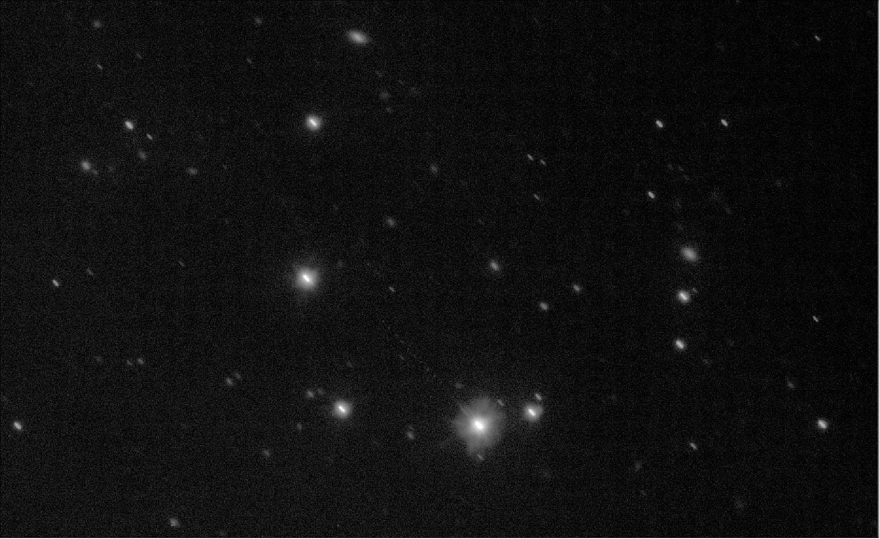 Figure 51: This image, a composite of several observations captured by ESO’s VLT Survey Telescope (VST), shows the ESA spacecraft Gaia as a faint trail of dots across the lower half of the star-filled field of view. These observations were taken as part of an ongoing collaborative effort to measure Gaia’s orbit and improve the accuracy of its unprecedented star map (image credit: ESO)