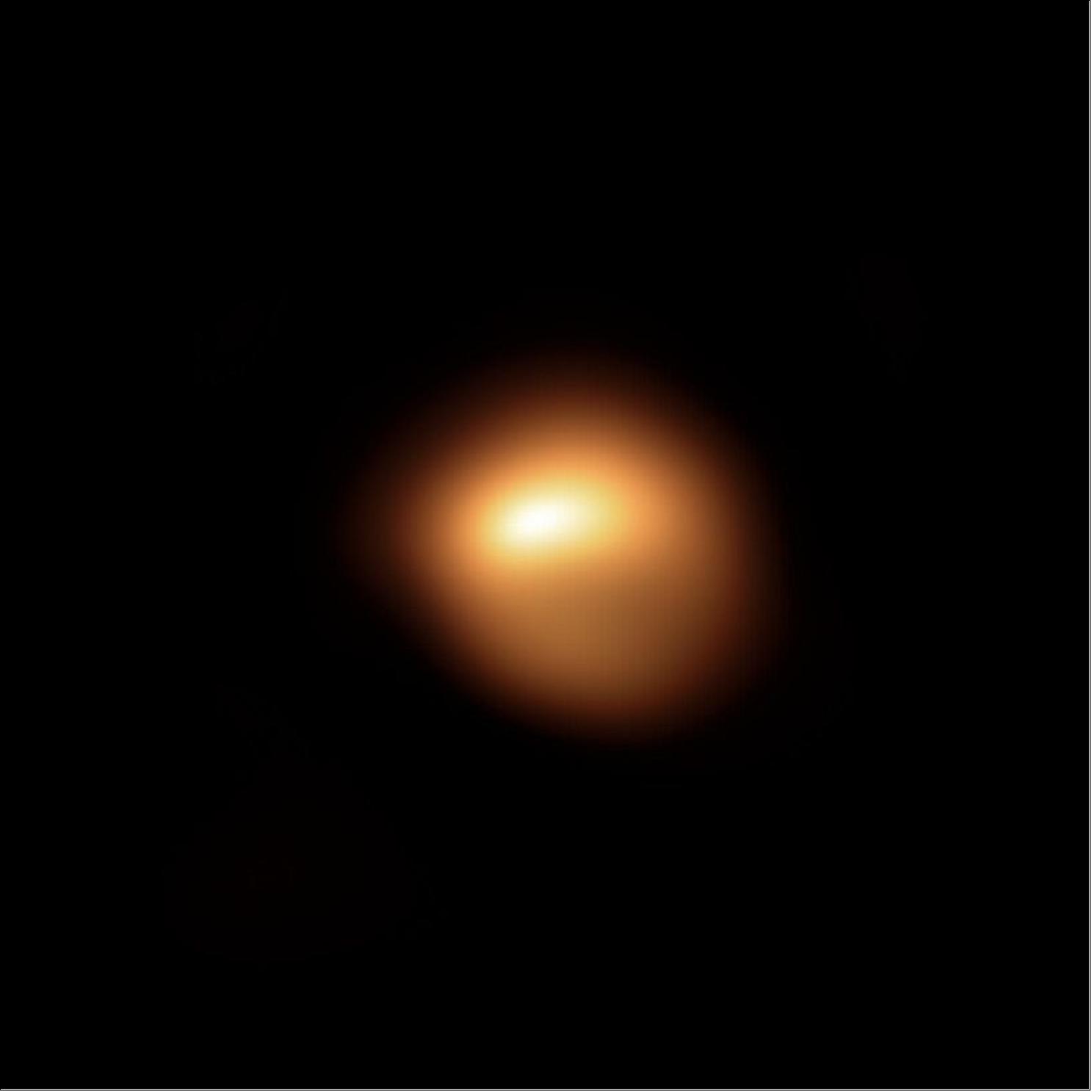 Figure 42: The red supergiant star Betelgeuse, in the constellation of Orion, has been undergoing unprecedented dimming. This stunning image of the star’s surface, taken with the SPHERE instrument on ESO’s Very Large Telescope late last year, is among the first observations to come out of an observing campaign aimed at understanding why the star is becoming fainter. When compared with the image taken in January 2019, it shows how much the star has faded and how its apparent shape has changed ( image credit: ESO/M. Montargès et al.)