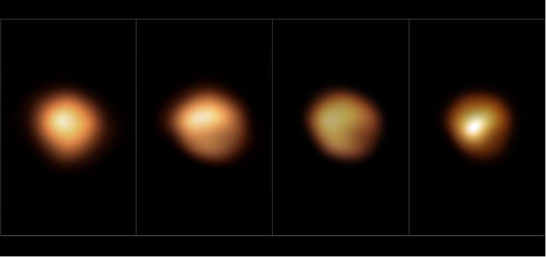 Figure 21: Betelgeuse’s surface before and during its 2019–2020 Great Dimming. These images, taken with the SPHERE instrument on ESO’s Very Large Telescope, show the surface of the red supergiant star Betelgeuse during its unprecedented dimming, which happened in late 2019 and early 2020. The image on the far left, taken in January 2019, shows the star at its normal brightness, while the remaining images, from December 2019, January 2020 and March 2020, were all taken when the star’s brightness had noticeably dropped, especially in its southern region. The brightness returned to normal in April 2020 (image credit: ESO/M. Montargès et al.)