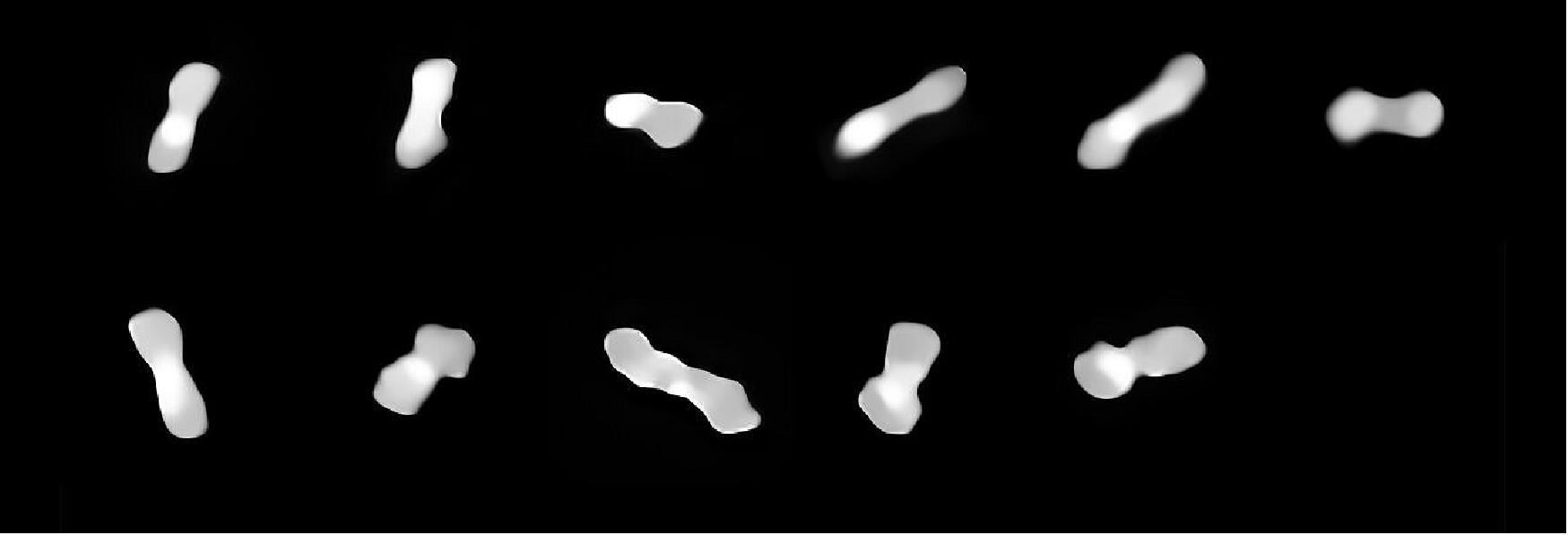 Figure 16: Asteroid Kleopatra from different angles. These eleven images are of the asteroid Kleopatra, viewed at different angles as it rotates. The images were taken at different times between 2017 and 2019 with the Spectro-Polarimetric High-contrast Exoplanet REsearch (SPHERE) instrument on ESO’s VLT. - Kleopatra orbits the Sun in the Asteroid Belt between Mars and Jupiter. Astronomers have called it a “dog-bone asteroid” ever since radar observations around 20 years ago revealed it has two lobes connected by a thick “neck”[image credit: ESO/Vernazza, Marchis et al./MISTRAL algorithm (ONERA/CNRS)]