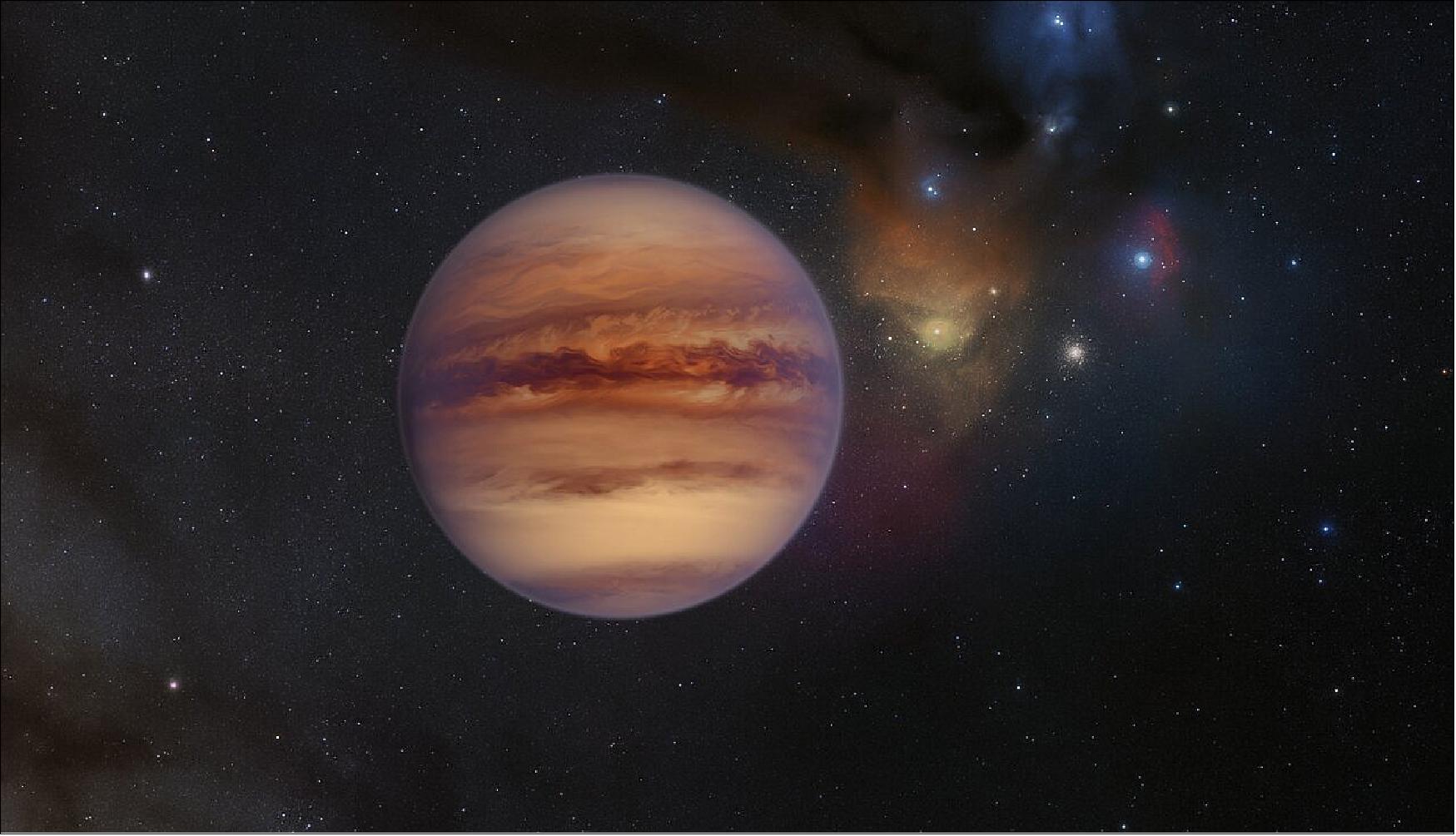 Figure 10: This artist’s impression shows an example of a rogue planet with the Rho Ophiuchi cloud complex visible in the background. Rogue planets have masses comparable to those of the planets in our Solar System but do not orbit a star, instead roaming freely on their own (image credit: ESO, M. Kornmesser)