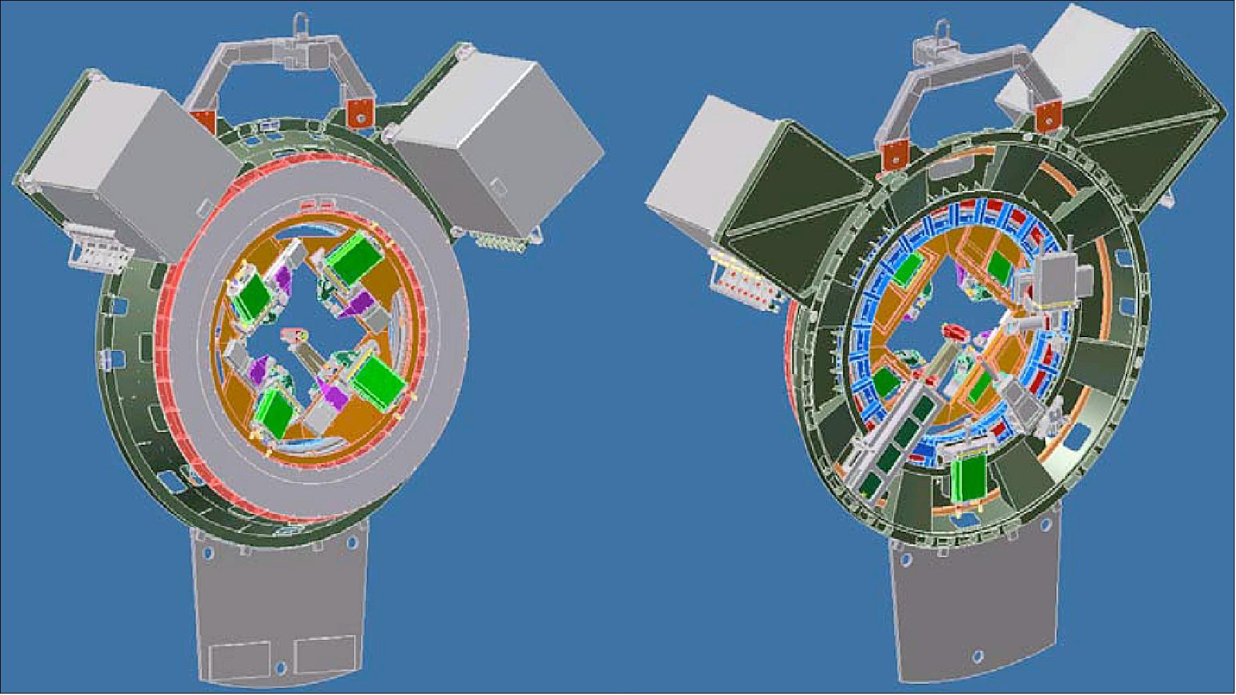 Figure 96: Mechanical design of GRAAL. Left: view from the Hawk-I side; Right: view from the Nasmyth flange side (image credit: ESO)