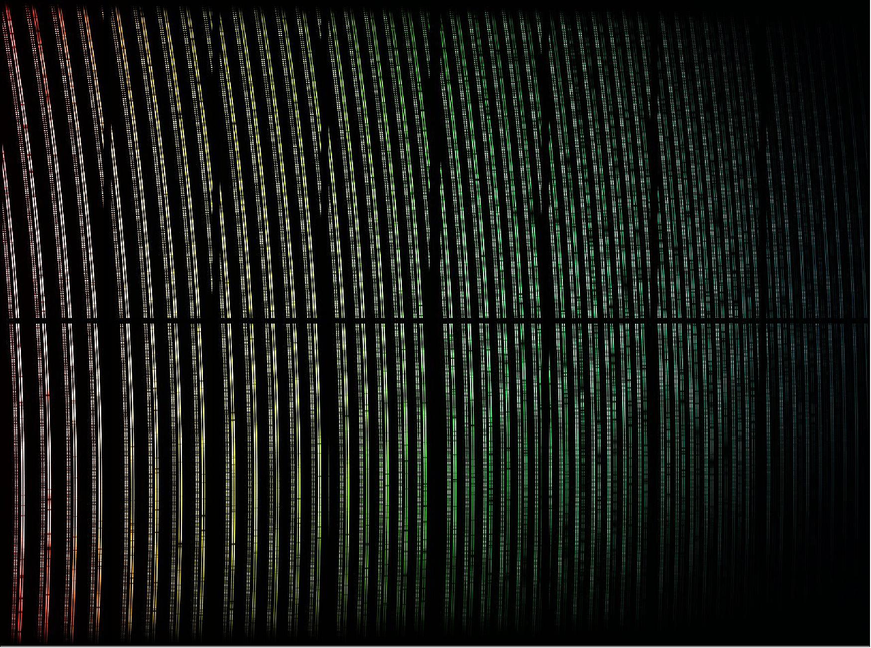 Figure 90: This colorful image shows spectral data from the First Light of the ESPRESSO instrument on ESO's Very Large Telescope in Chile. The light from a star has been dispersed into its component colors. This view has been colorized to indicate how the wavelengths change across the image, but these are not exactly the colors that would be seen visually. Close inspection shows many dark spectral lines in the stellar spectra and also the regular double spots from a calibration light source. The dark gaps are features of how the data is taken, and are not real (image credit: ESO/ESPRESSO team)