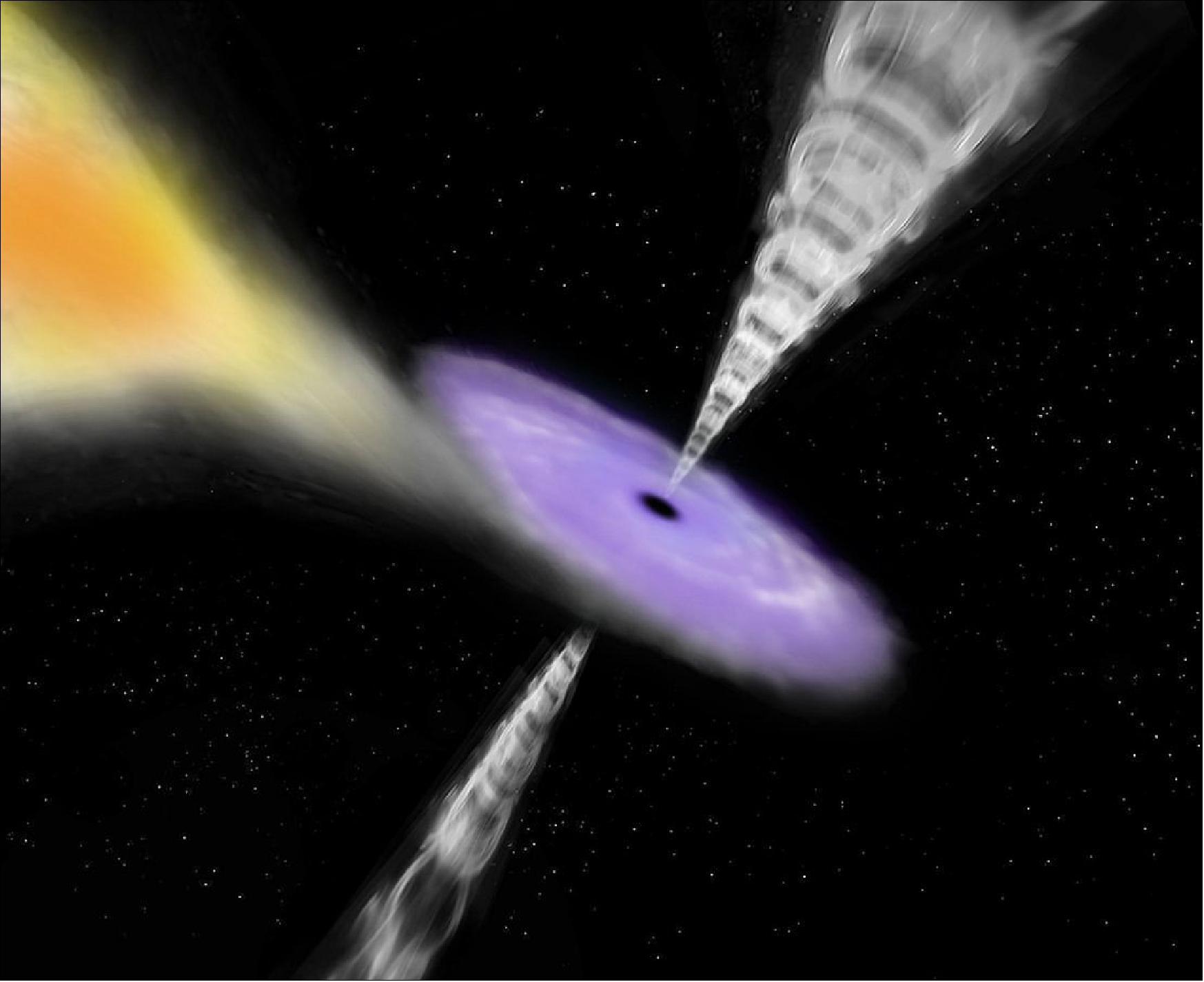Figure 120: Artist’s impression of a black hole feasting on matter from its companion star in a binary system. Matter flows from the star towards the black hole and forms an accretion disc with a temperature so high that it emits X-rays. The black hole can be a fussy eater: instead of swallowing all of the material, it sometimes pushes a fraction of it away in the form of two powerful jets of particles (image credit: ESA/ATG medialab)
