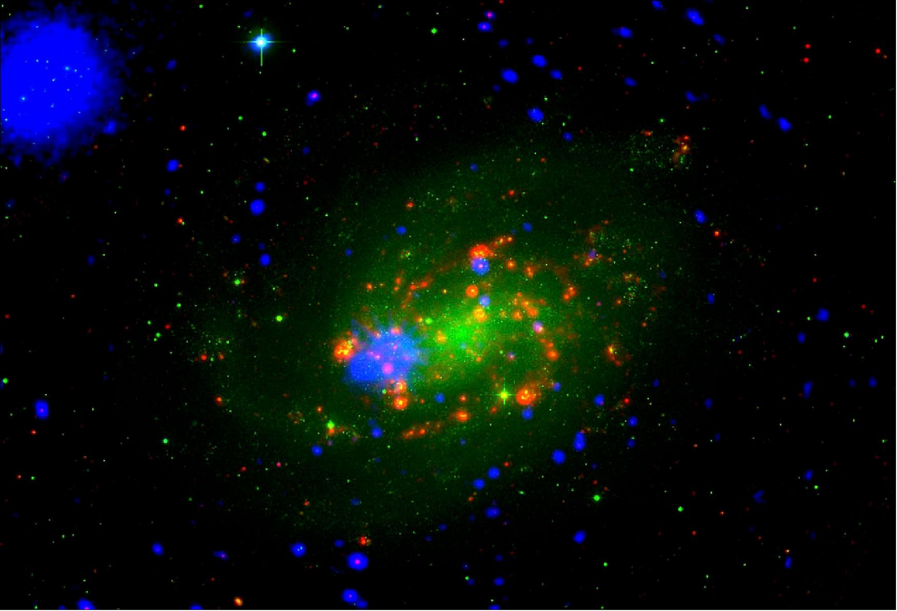 Figure 62: This swirling palette of colors portrays the life cycle of stars in a spiral galaxy known as NGC 300 (image credit: ESA/XMM-Newton (X-rays); MPG/ESO (optical); NASA/Spitzer (infrared). Acknowledgement: S. Carpano, Max-Planck Institute for Extraterrestrial Physics)