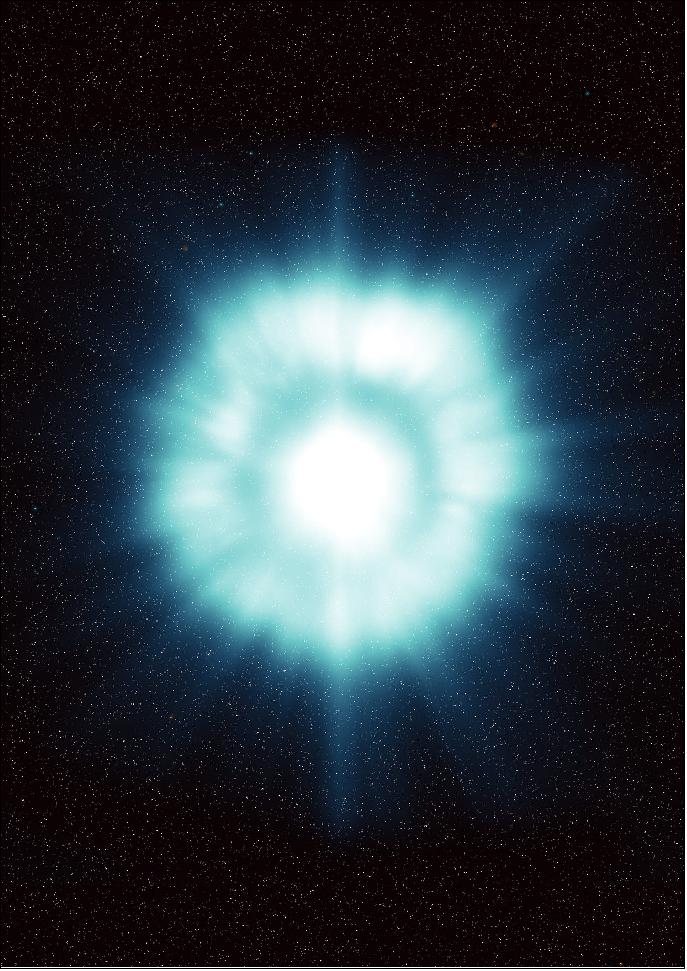Figure 31: Extreme explosion. The electromagnetic spectrum is vast, ranging from high-energy gamma rays all the way to low-energy radio waves. Different telescopes and instruments are optimized to detect different regions of this spectrum — for example, ESA’s XMM-Newton and Integral space observatories study the high-energy Universe, scouring the skies for X-rays and gamma rays. One cosmic source of such high-energy radiation is the phenomenon shown in this ESA artist’s impression as an ethereal blue glow: a gamma-ray burst. These bursts are extraordinarily high-energy events, created when a star in a distant galaxy explodes at the end of its life. This produces an intense stream of gamma rays that can last from a few seconds to a few hours. This violent burst then fades away, leaving a fainter afterglow that can be seen at X-ray, optical and radio wavelengths (image credit: ESA, illustration by ESA/ECF)