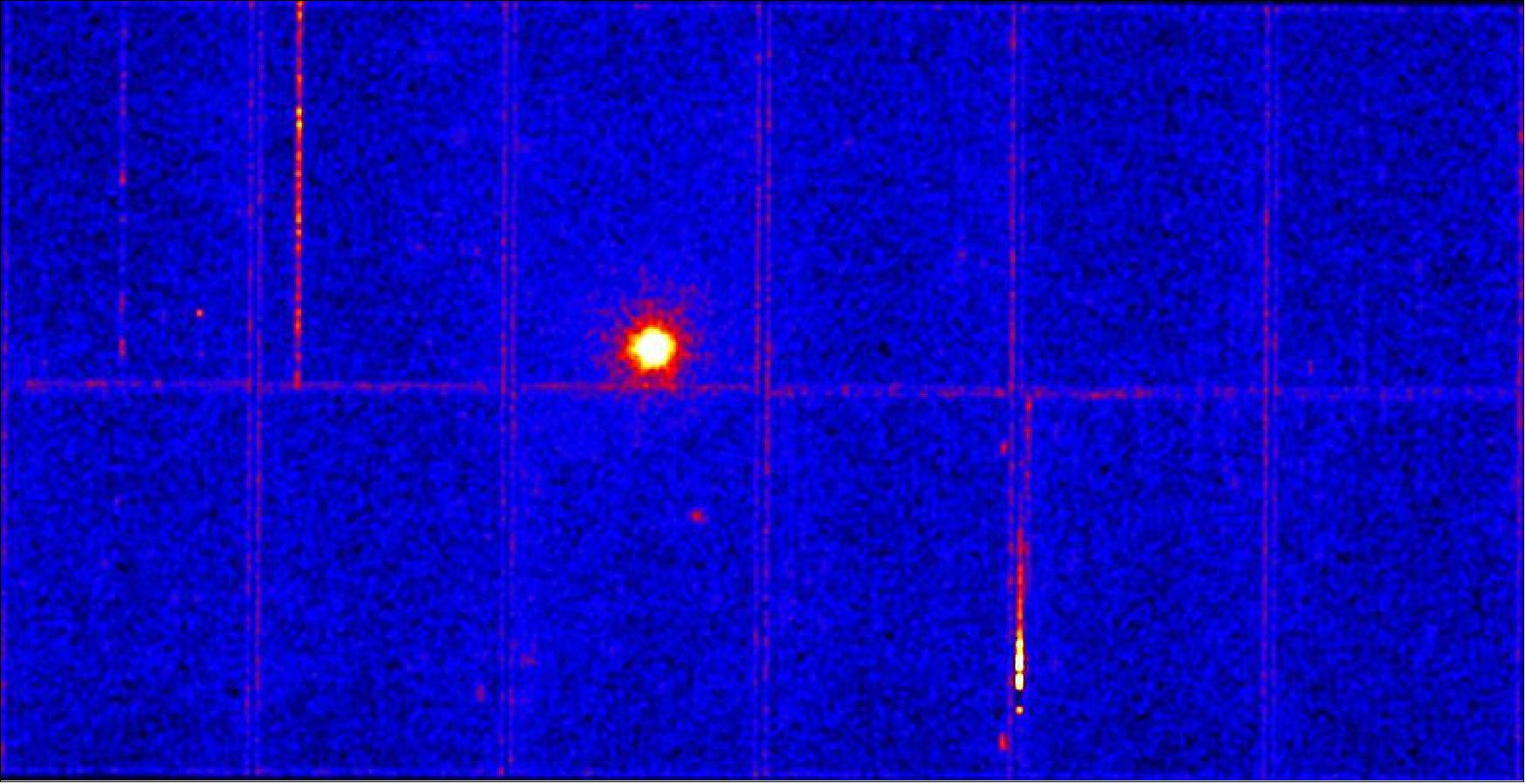 Figure 30: XMM-Newton observes baby magnetar. Composite image of Swift J1818.0-1607, the youngest pulsar ever observed, as seen by the EPIC-pn camera on ESA’s XMM-Newton. The image combines observations in the following energy bands: 2–4 keV (red), 4–7.5 keV (green) and 8.5–12 keV (blue), image credit: ESA/XMM-Newton; P. Esposito et al. (2020)