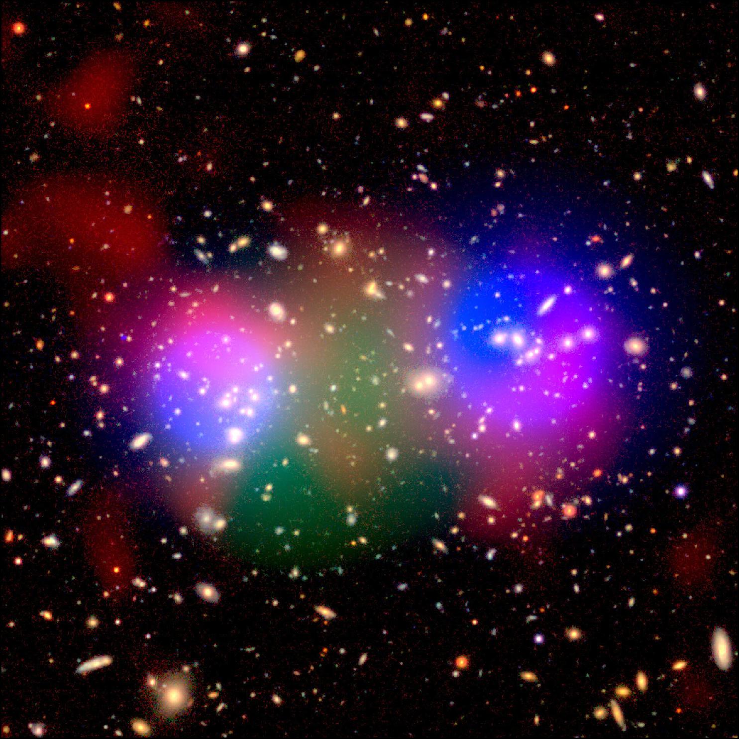 Figure 29: To create this image, three different international teams of astronomers explored observations of the cluster across the electromagnetic spectrum, in order to isolate and pinpoint different aspects of this region of space. These aspects are shown here in different colors. Individual galaxies within the cluster show up in orange, and dark matter – which maps the location of the two sub-clusters – in blue (via optical observations from Subaru). Hot, dense gas shows up in green (X-ray from XMM-Newton), while hot, thin, high-pressure gas shows up in red (radio from the Green Bank Telescope in Virginia, USA). This gas is something known as the ‘intracluster medium’, which permeates galaxy clusters and fills the space between galaxies [image credit: Radio: GBT Green Bank Observatory/National Science Foundation (NSF); Optical: Subaru Telescope, National Astronomical Observatory of Japan/HSC-SSP collaboration; X-ray: European Space Agency (ESA)/XMM-Newton/XXL survey consortium]