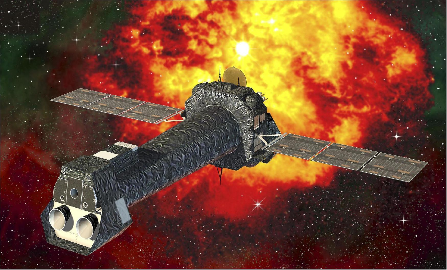 Figure 27: An artistic rendering of the XMM-Newton (X-ray Multi-Mirror Mission) space telescope. A study of archival data from the XMM-Newton and the Chandra X-ray space telescopes found evidence of high levels of X-ray emission from the nearby Magnificent Seven neutron stars, which may arise from the hypothetical particles known as axions [image credits: D. Ducros, ESA/XMM-Newton, CC BY-SA 3.0 IGO)]