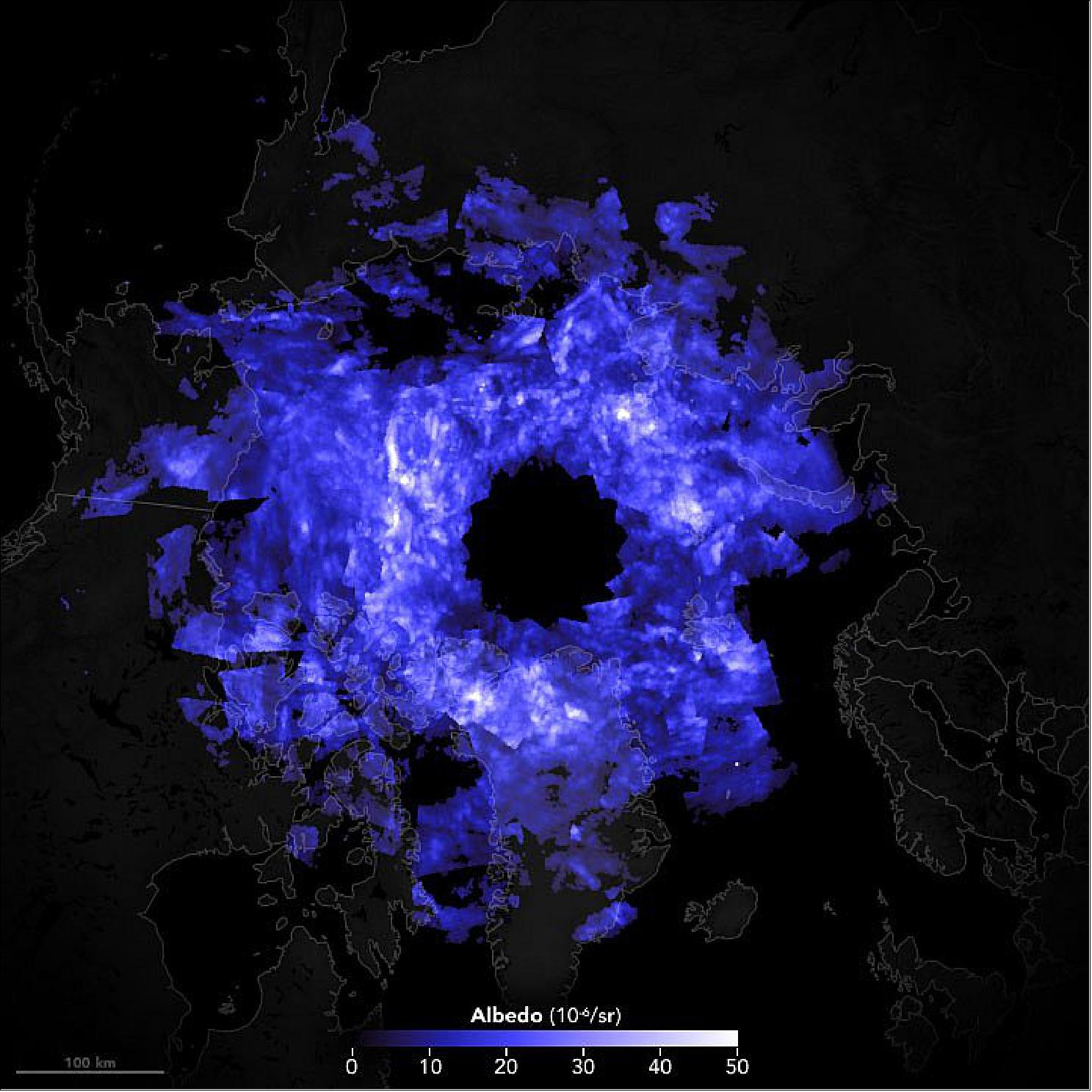 Figure 9: Noctilucent clouds form so high in the atmosphere that they continue to reflect sunlight hours after sunset, creating a spectacular nighttime display. The image shows a satellite-based view of noctilucent clouds on June 16, 2021. The image is centered on the North Pole and is stitched together from data acquired during several orbital passes by NASA’s Aeronomy of Ice in the Mesosphere (AIM) spacecraft. The satellite’s Cloud Imaging and Particle Size (CIPS) instrument measures albedo, or the amount of light reflected back to space by the clouds. Researchers use data from AIM to better understand the complexities of the mesosphere, and its relationship to other parts of the atmosphere, weather, and climate (image credit: NASA Earth Observatory image by Joshua Stevens, using data from the University of Colorado Laboratory for Atmospheric and Space Physics. Story and photograph by Kathryn Hansen)
