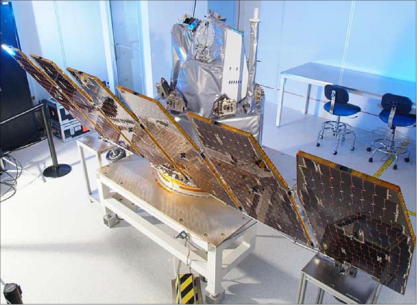 Figure 5: Photo of the AIM spacecraft with the solar array fully deployed (image credit OSC)