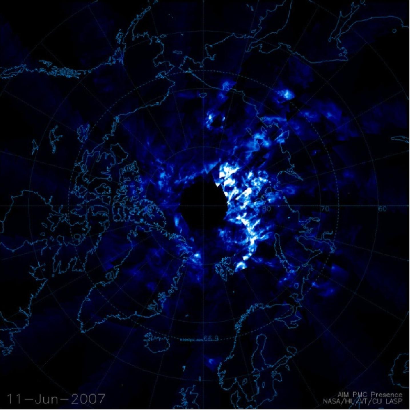 Figure 23: Noctilucent clouds over the Arctic region as seen by the AIM instruments (image credit: NASA)