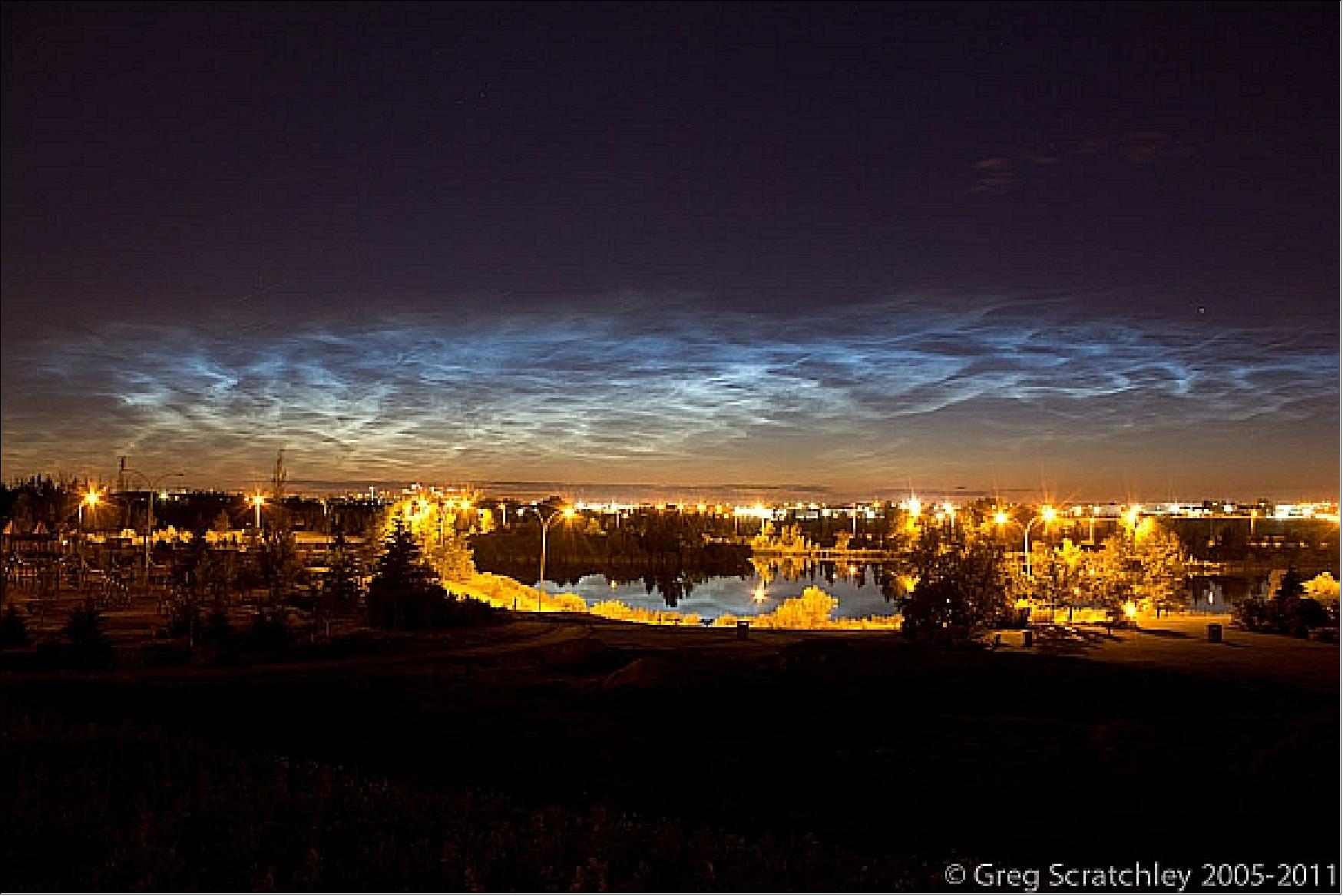 Figure 21: Noctilucent clouds over Edmonton, Canada observed on July 20, 2011 (image credit: NASA) 35)