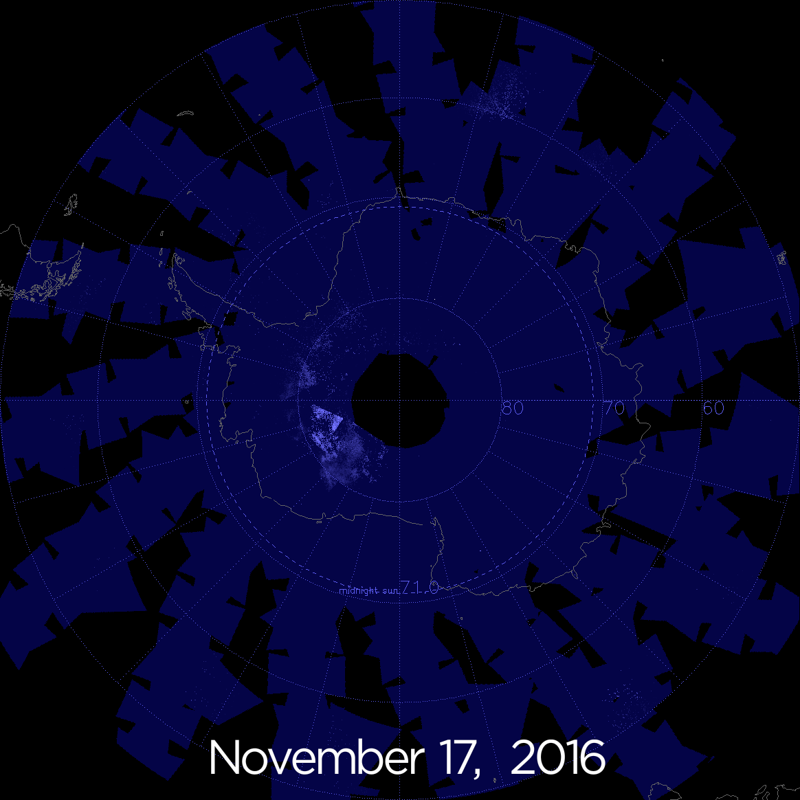 Figure 14: Data from the AIM spacecraft shows the sky over Antarctica is glowing electric blue due to the start of noctilucent, or night-shining, cloud season in the Southern Hemisphere. This data was collected from Nov. 17-28, 2016 (image credit: NASA/HU/VT/CU-LASP/AIM/Joy Ng, producer)