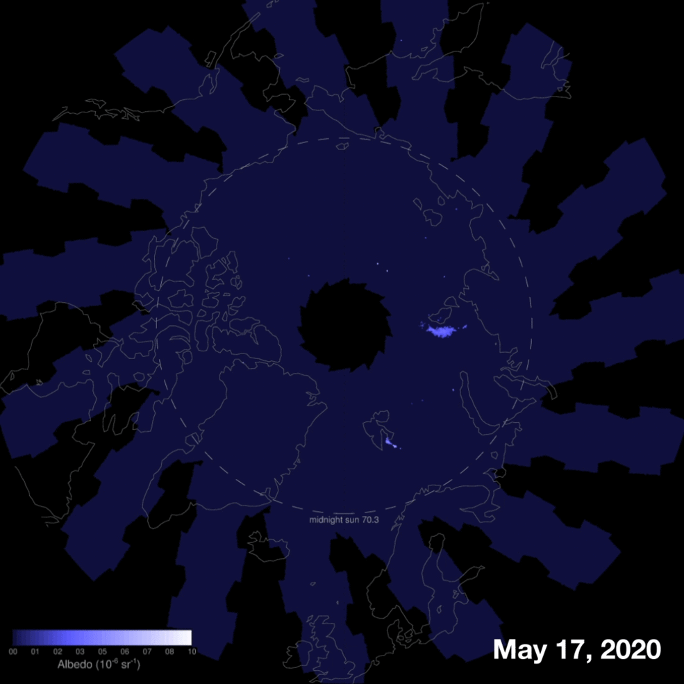 Figure 11: These animated images show AIM’s observations from the first week of the Arctic noctilucent cloud season, which began on May 17, 2020. The colors — from dark blue to light blue and bright white — indicate the clouds’ albedo, which refers to the amount of light that a surface reflects compared to the total sunlight that falls upon it. Things that have a high albedo are bright and reflect a lot of light. Things that don’t reflect much light have a low albedo; they are dark (image credit: NASA/HU/VT/CU-LASP/AIM/Joy Ng)