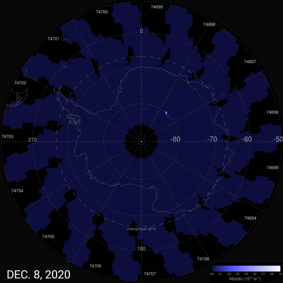 Figure 10: These AIM images span Dec. 8–Dec. 19, 2020, starting with AIM’s first observations of the Antarctic noctilucent cloud season. The colors — from dark blue to light blue and bright white — indicate the clouds’ albedo, which refers to the amount of light that a surface reflects compared to the total sunlight that falls upon it. Things that have a high albedo are bright and reflect a lot of light. Things that don’t reflect much light have a low albedo, and they are dark (image credits: NASA/HU/VT/CU-LASP/AIM/Joy Ng)