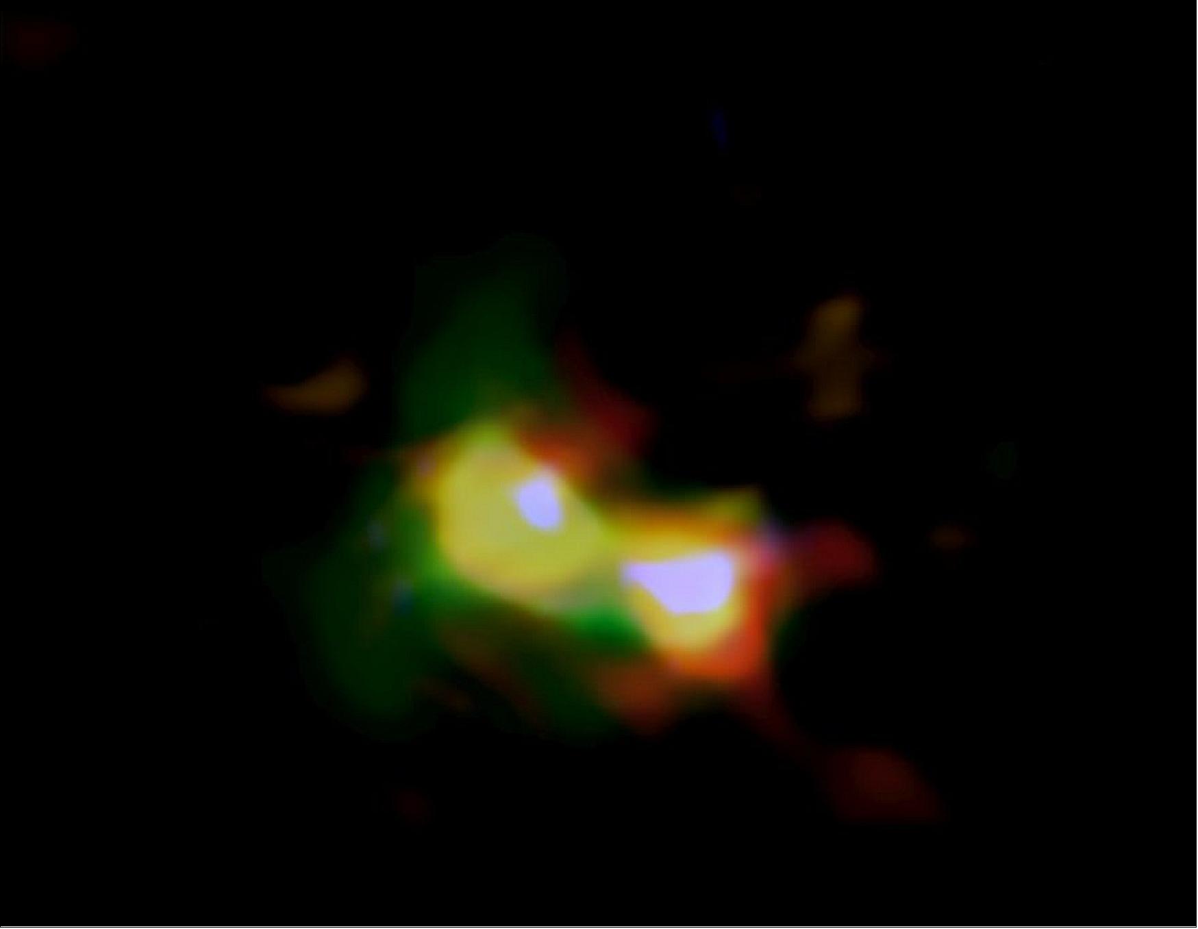 Figure 90: Composite image of B14-65666 showing the distributions of dust (red), oxygen (green), and carbon (blue), observed by ALMA and stars (white) observed by the Hubble Space Telescope (image credit: ALMA (ESO/NAOJ/NRAO), NASA/ESA Hubble Space Telescope, Hashimoto et al.)