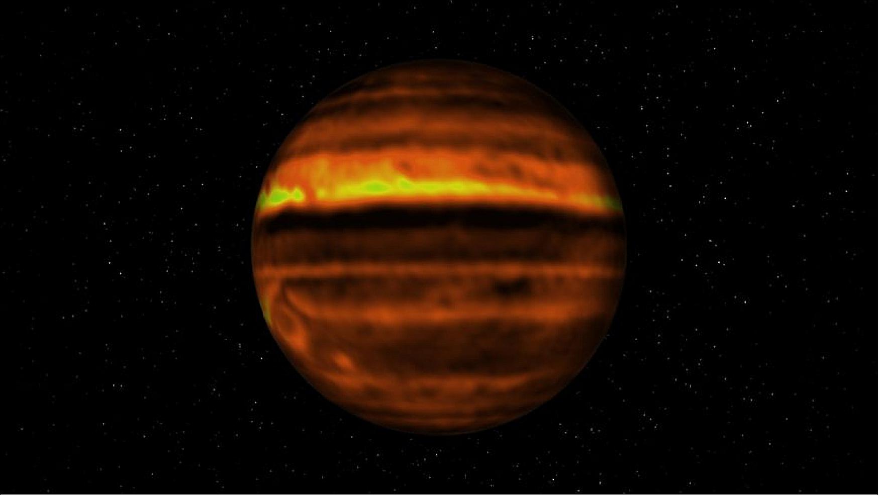 Figure 89: Spherical ALMA map of Jupiter showing the distribution of ammonia gas below Jupiter’s cloud deck (image credit: ALMA (ESO/NAOJ/NRAO), I. de Pater et al.; NRAO/AUI NSF, S. Dagnello)