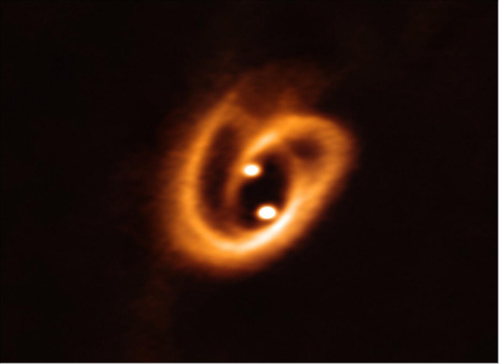 Figure 83: ALMA captured this unprecedented image of two circumstellar disks, in which baby stars are growing, feeding with material from their surrounding birth disk. The complex network of dust structures distributed in spiral shapes remind of the loops of a pretzel. These observations shed new light on the earliest phases of the lives of stars and help astronomers determine the conditions in which binary stars are born (image credit: ALMA (ESO/NAOJ/NRAO), Alves et al.)