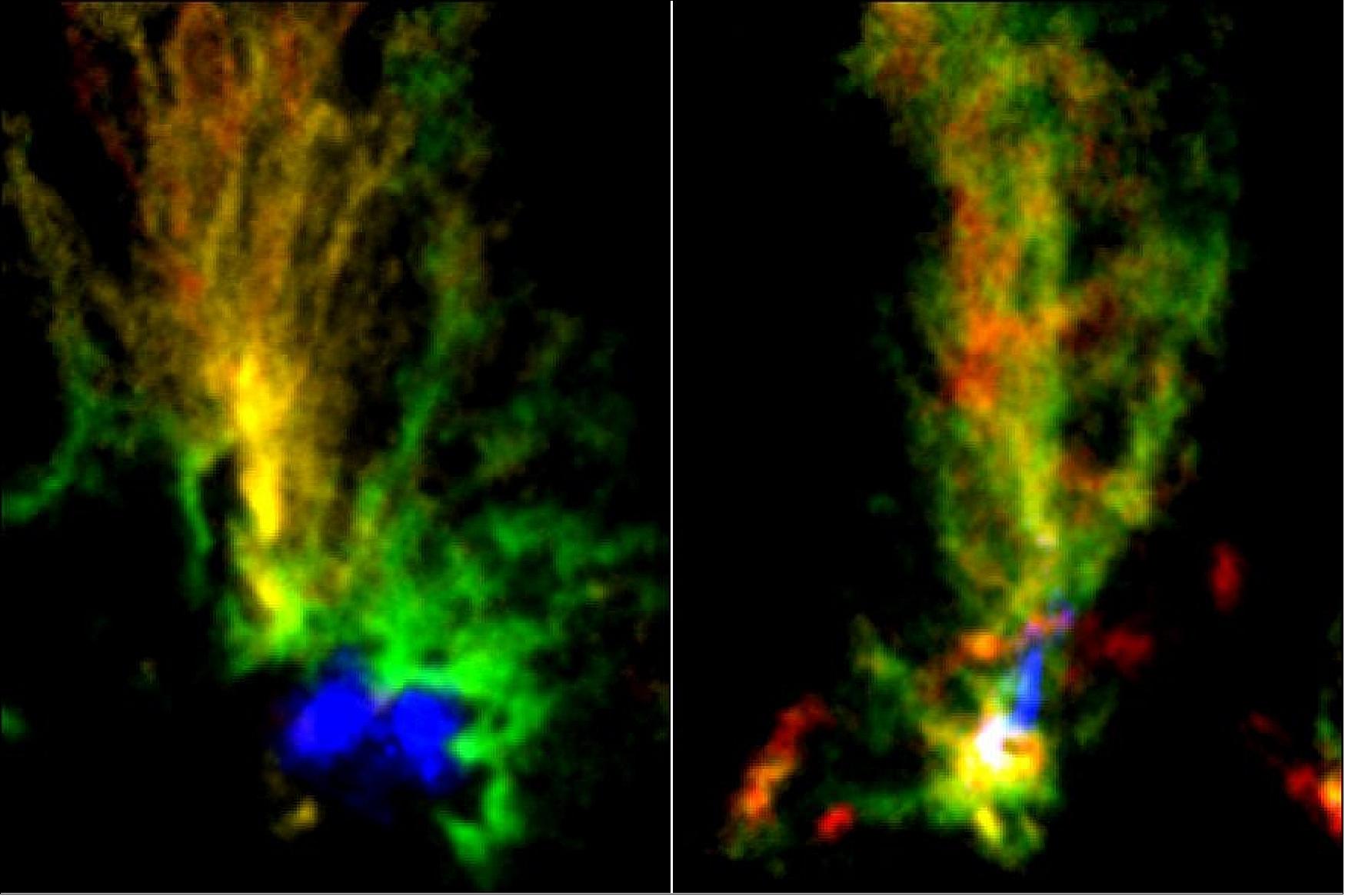 Figure 80: ALMA images of two molecular clouds N159E-Papillon Nebula (left) and N159W South (right). Red and green show the distribution of molecular gas in different velocities seen in the emission from 13CO. The blue region in N159E-Papillon Nebula shows the ionized hydrogen gas observed with the Hubble Space Telescope. The blue part in N159W South shows the emission from dust particles obtained with ALMA [image credit: ALMA (ESO/NAOJ/NRAO)/Fukui et al./Tokuda et al./NASA-ESA Hubble Space Telescope]