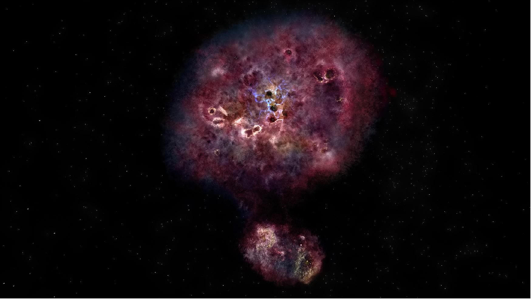 Figure 79: Artist impression of what MAMBO-9 would look like in visible light. The galaxy is very dusty and it has yet to build most of its stars (image credit: NRAO/AUI/NSF, B. Saxton)