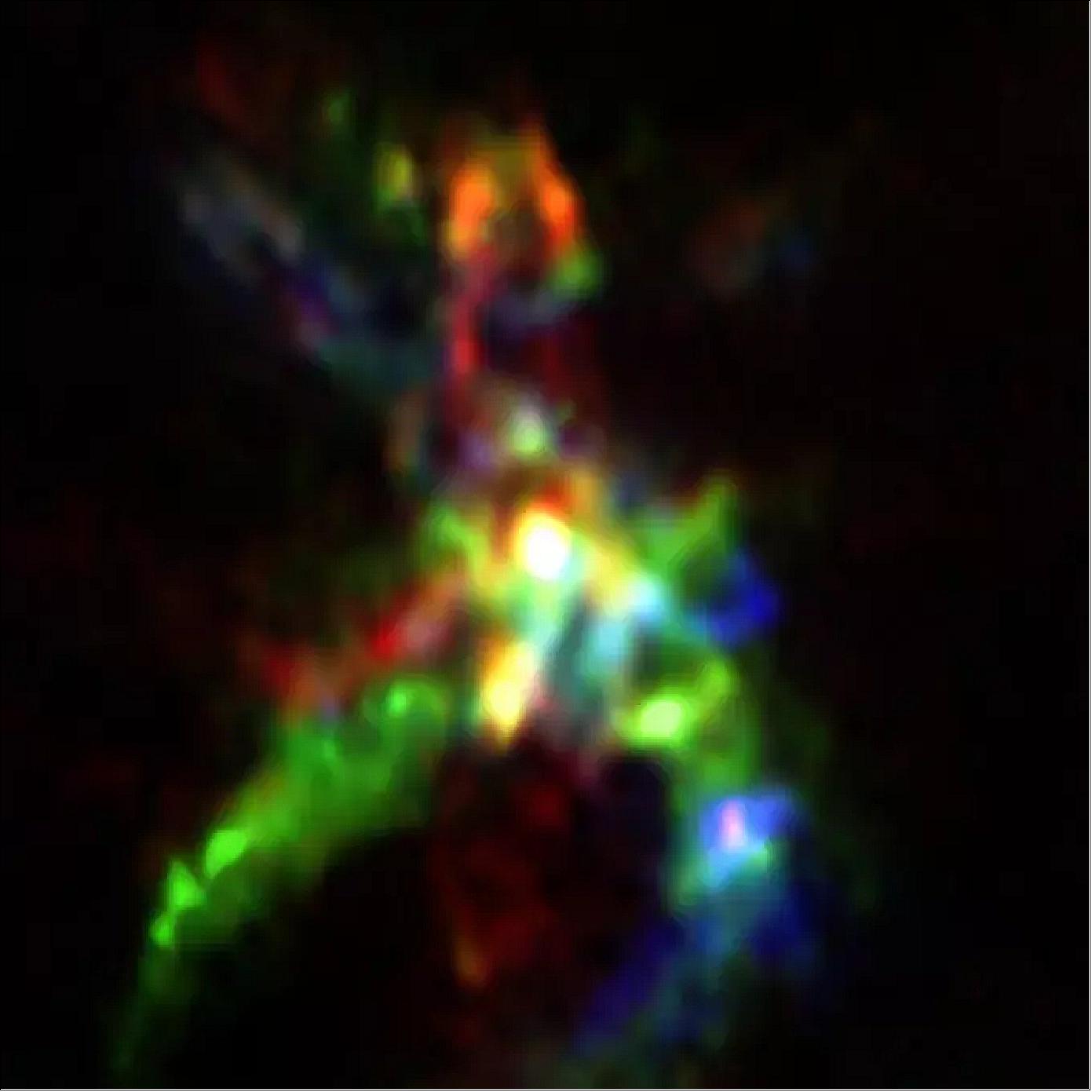 Figure 73: This ALMA image shows a detailed view of the star-forming region AFGL 5142. A bright, massive star in its infancy is visible at the center of the image. The flows of gas from this star have opened up a cavity in the region, and it is in the walls of this cavity (shown in color), that phosphorus-bearing molecules like phosphorus monoxide are formed. The different colors represent material moving at different speeds (image credit: ALMA (ESO/NAOJ/NRAO), Rivilla et al.)