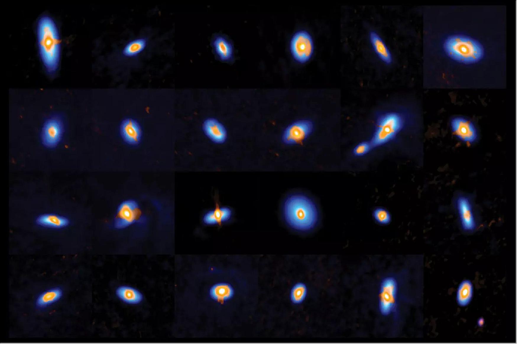 Figure 68: VANDAM survey: ALMA and the VLA observed more than 300 protostars and their young protoplanetary disks in Orion. This image shows a subset of stars, including a few binaries. The ALMA and VLA data compliment each other: ALMA sees the outer disk structure (visualized in blue), and the VLA observes the inner disks and star cores (orange), image credit: ALMA (ESO/NAOJ/NRAO), J. Tobin; NRAO/AUI/NSF, S. Dagnello