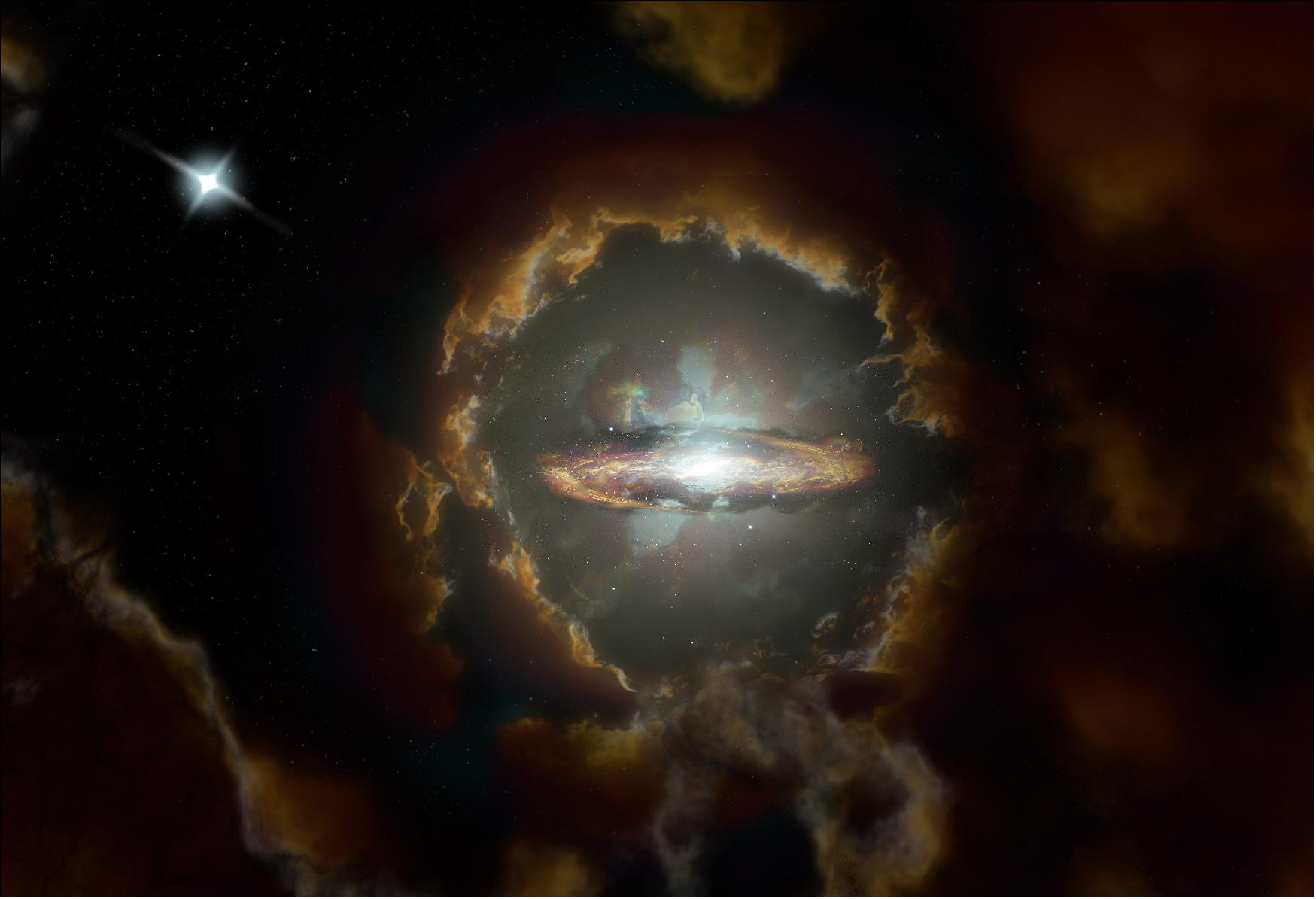Figure 63: Artist's impression of the Wolfe Disk, a massive rotating disk galaxy in the early, dusty universe. The galaxy was initially discovered when ALMA examined the light from a more distant quasar (top left), image credit: NRAO/AUI/NSF, S. Dagnello