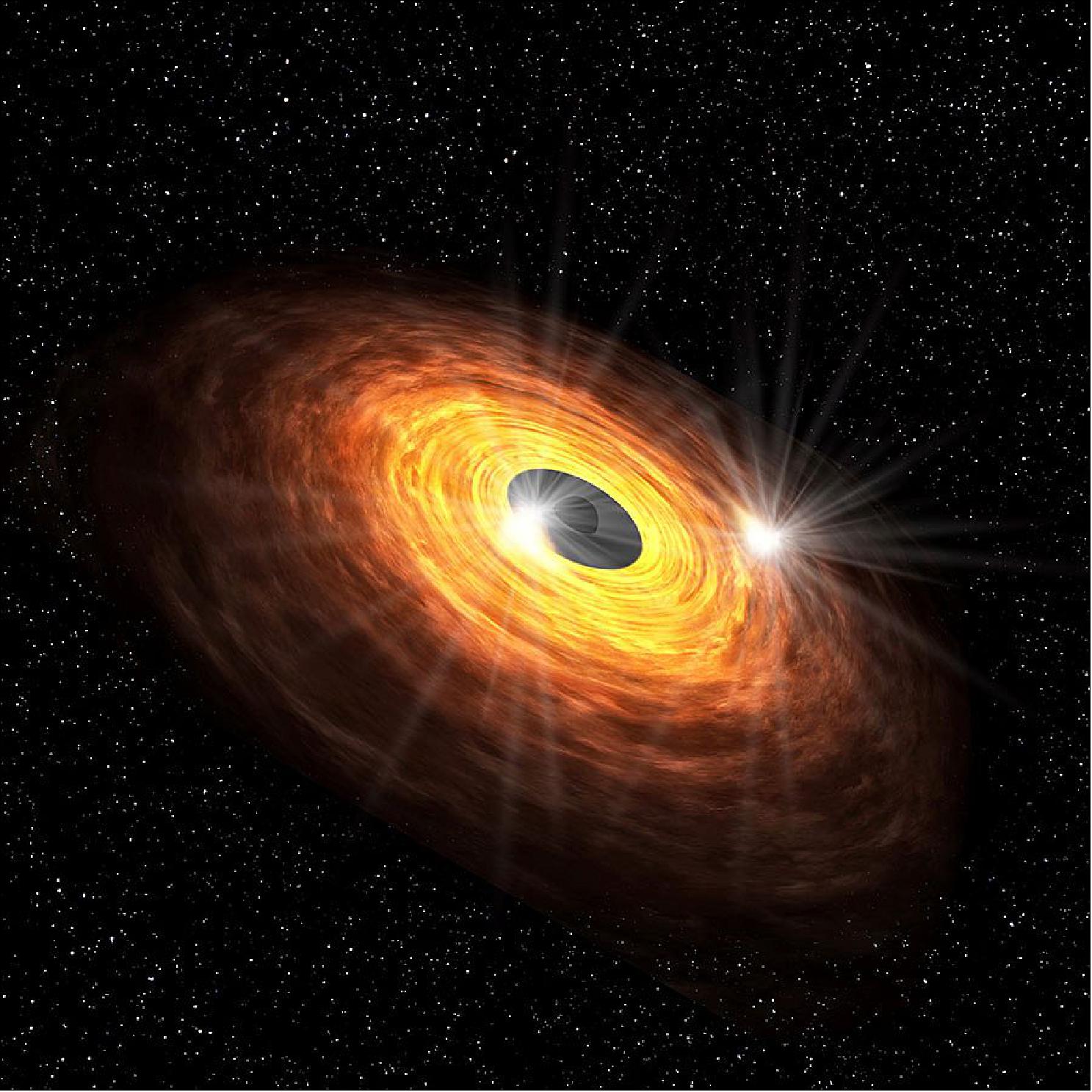 Figure 62: Artist’s impression of the gaseous disk around the supermassive black hole. Hot spots circling around the black hole could produce the quasi-periodic millimeter emission detected with ALMA (image credit: Keio University)