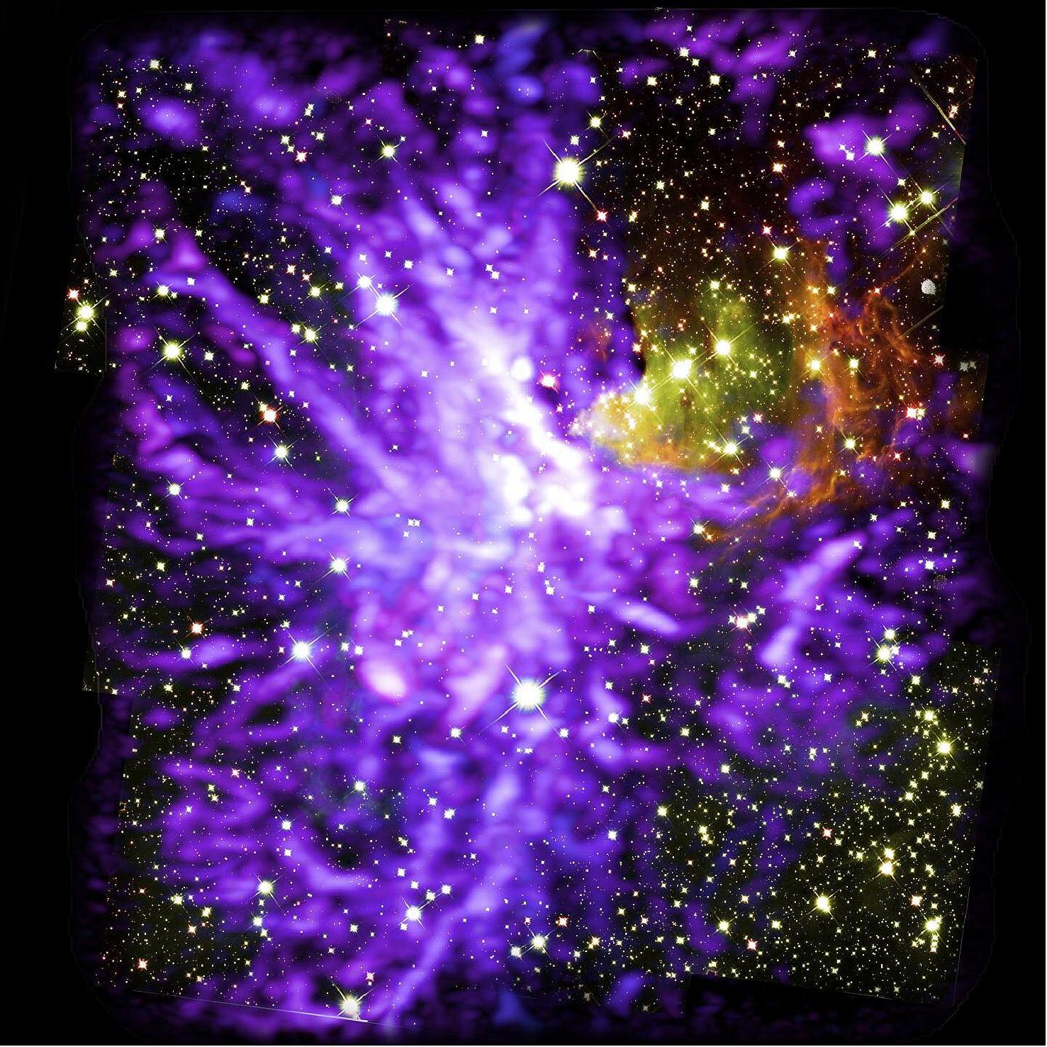 Figure 54: Star cluster G286.21+0.17, caught in the act of formation. This is a multiwavelength mosaic of more than 750 ALMA radio images, and 9 Hubble infrared images. ALMA shows molecular clouds (purple) and Hubble shows stars and glowing dust (yellow and red), image credit: ALMA (ESO/NAOJ/NRAO), Y. Cheng et al.; NRAO/AUI/NSF, S. Dagnello; NASA/ESA Hubble)