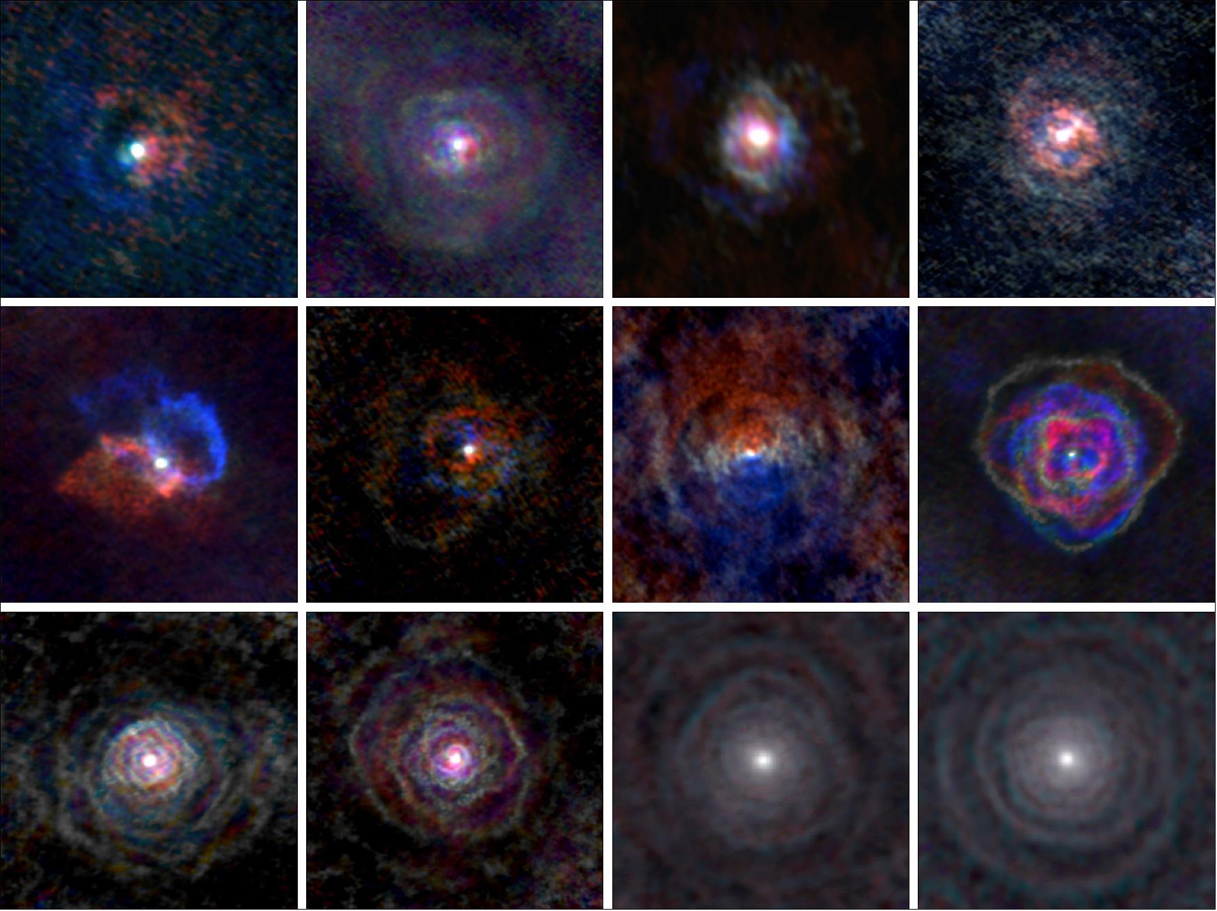Figure 52: This image gallery of stellar winds around cool ageing stars shows a variety of morphologies, including disks, cones, and spirals. The blue color represents material that is coming towards you; red is material that is moving away from you (image credit: L. Decin, ESO/ALMA)