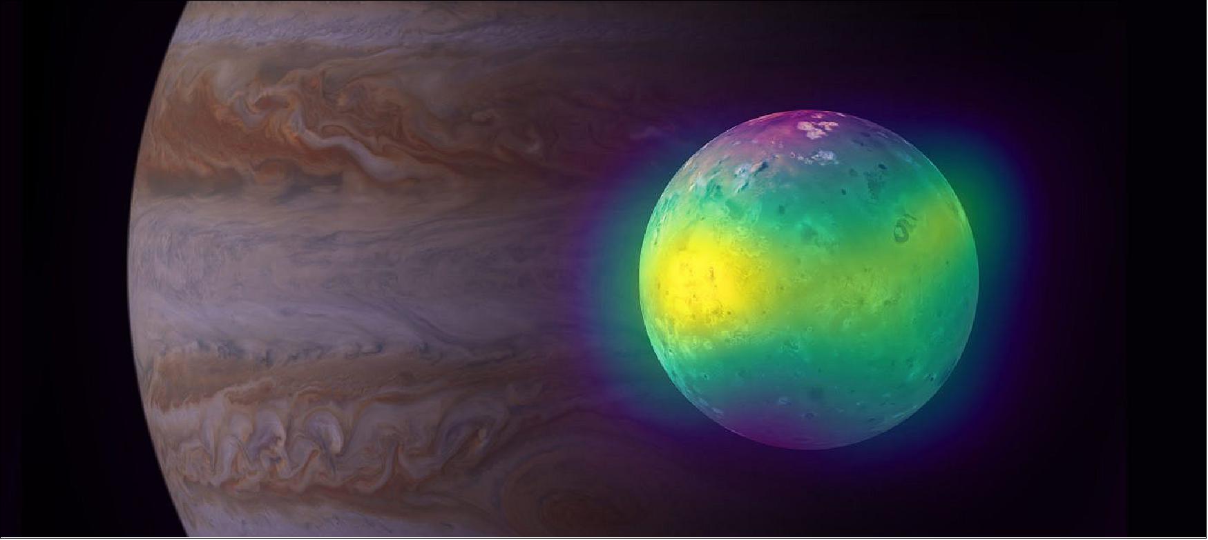 Figure 48: Composite image showing Jupiter’s moon Io in radio (ALMA), and optical light (Voyager 1 and Galileo). The ALMA images of Io show for the first time plumes of sulfur dioxide (in yellow) rise up from its volcanoes. Jupiter is visible in the background (Hubble), image credit: ALMA (ESO/NAOJ/NRAO), I. de Pater et al.; NRAO/AUI NSF, S. Dagnello; NASA/ESA