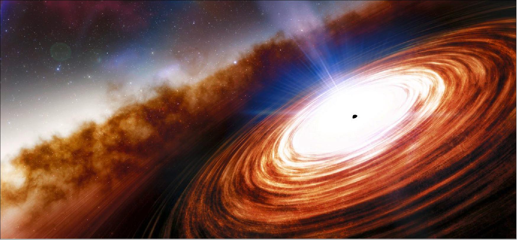Figure 41: Artist's rendition of the most distant quasar found. The new discovery beats the previous distance record for a quasar set three years ago. Observations with the Atacama Large Millimeter/submillimeter Array (ALMA) in Chile confirmed the distance measurement to high precision (image credit: NOIRLab/NSF/AURA/J. da Silva)