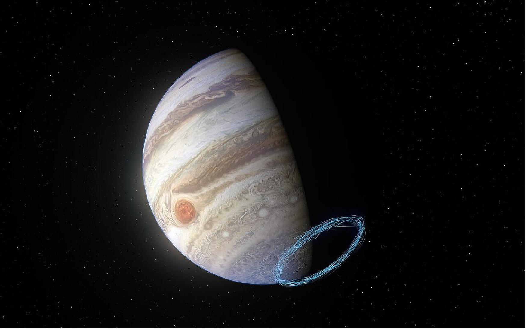 Figure 40: This image shows an artist’s impression of winds in Jupiter’s stratosphere near the planet’s south pole, with the blue lines representing wind speeds. These lines are superimposed on a real image of Jupiter, taken by the JunoCam imager aboard NASA’s Juno spacecraft. - Jupiter’s famous bands of clouds are located in the lower atmosphere, where winds have previously been measured. But tracking winds right above this atmospheric layer, in the stratosphere, is much harder since no clouds exist there. By analyzing the aftermath of a comet collision from the 1990s and using the ALMA telescope, in which ESO is a partner, researchers have been able to reveal incredibly powerful stratospheric winds, with speeds of up to 1450 km/hr, near Jupiter’s poles (image credit: ESO/L. Calçada & NASA/JPL-Caltech/SwRI/MSSS)