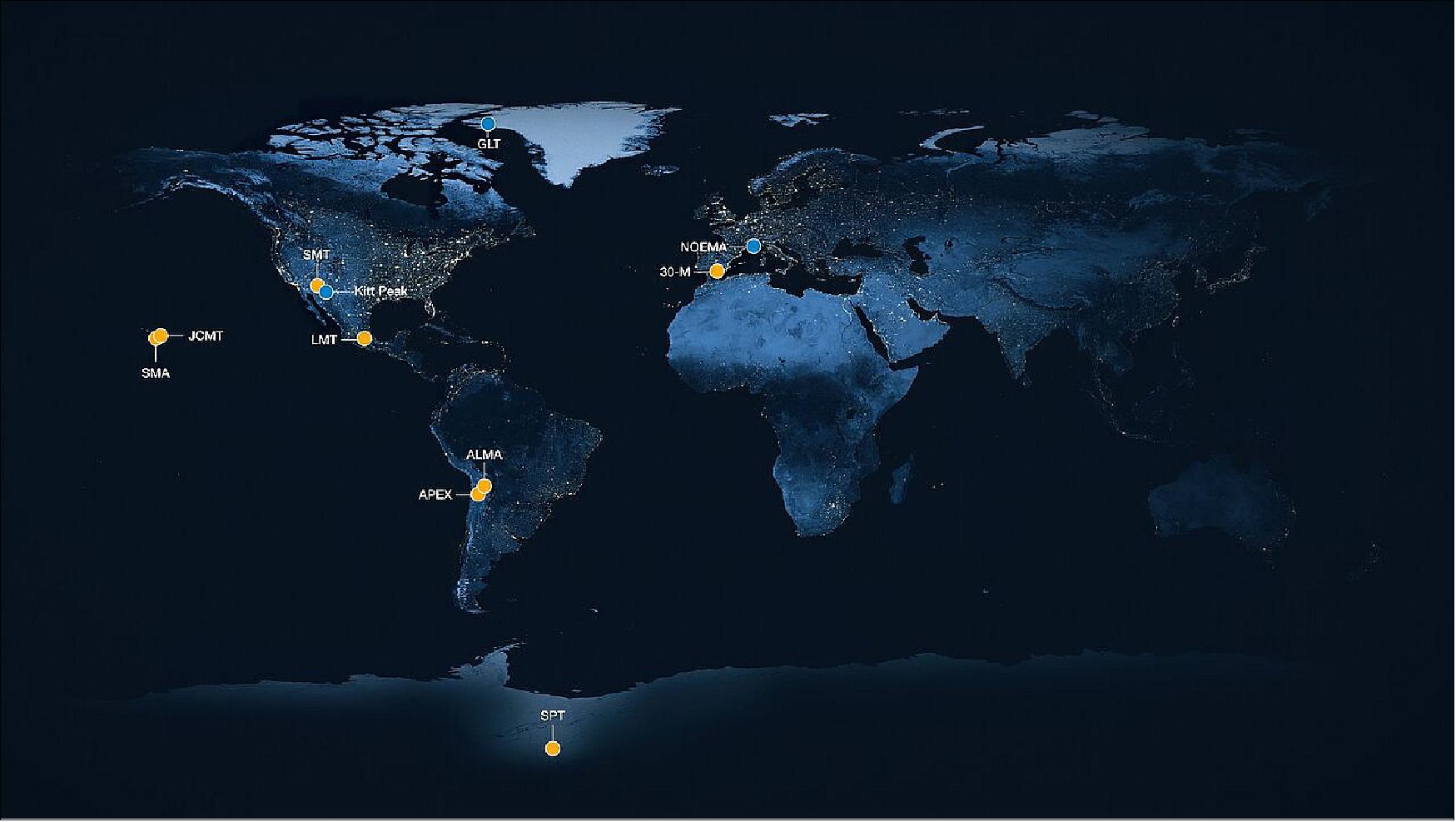 Figure 22: Locations of the telescopes that make up the EHT array. (image credit: EHT Collaboration)