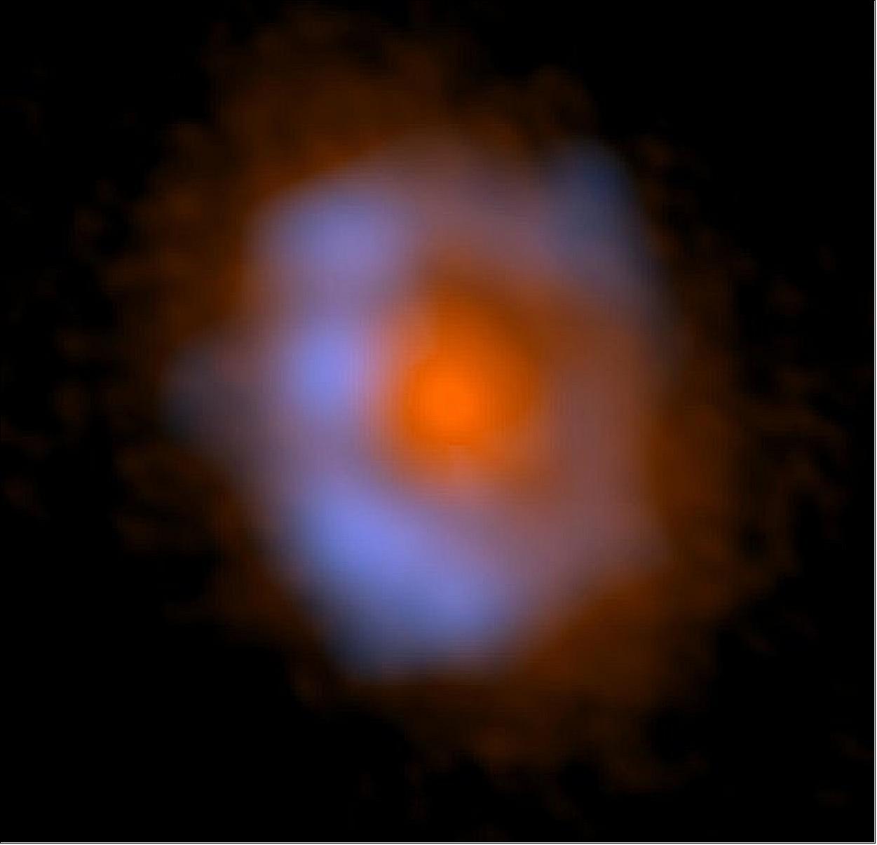 Figure 104: The distribution of dust is shown in orange and the distribution of methanol, an organic molecule, is shown in blue (image credit: ALMA (ESO/NAOJ/NRAO), Lee et al. V883Ori)