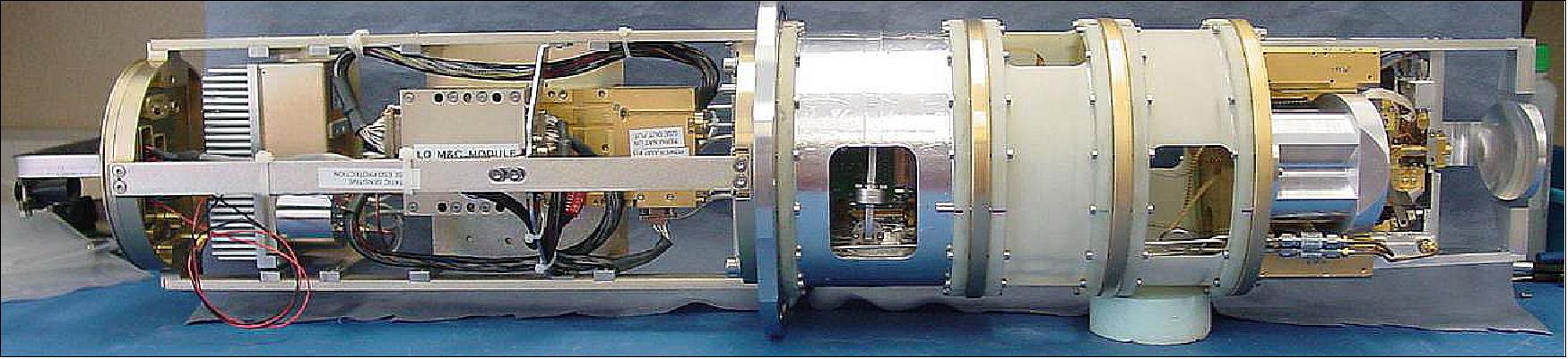 Figure 10: Example of a, Band 6, receiver cartridge. The larger diameter metal plate in the middle is the boundary between cooled receiver electronics inside the cryostat (right hand side) and the room temperature electronics (left hand side), image credit: ALMA partnership)