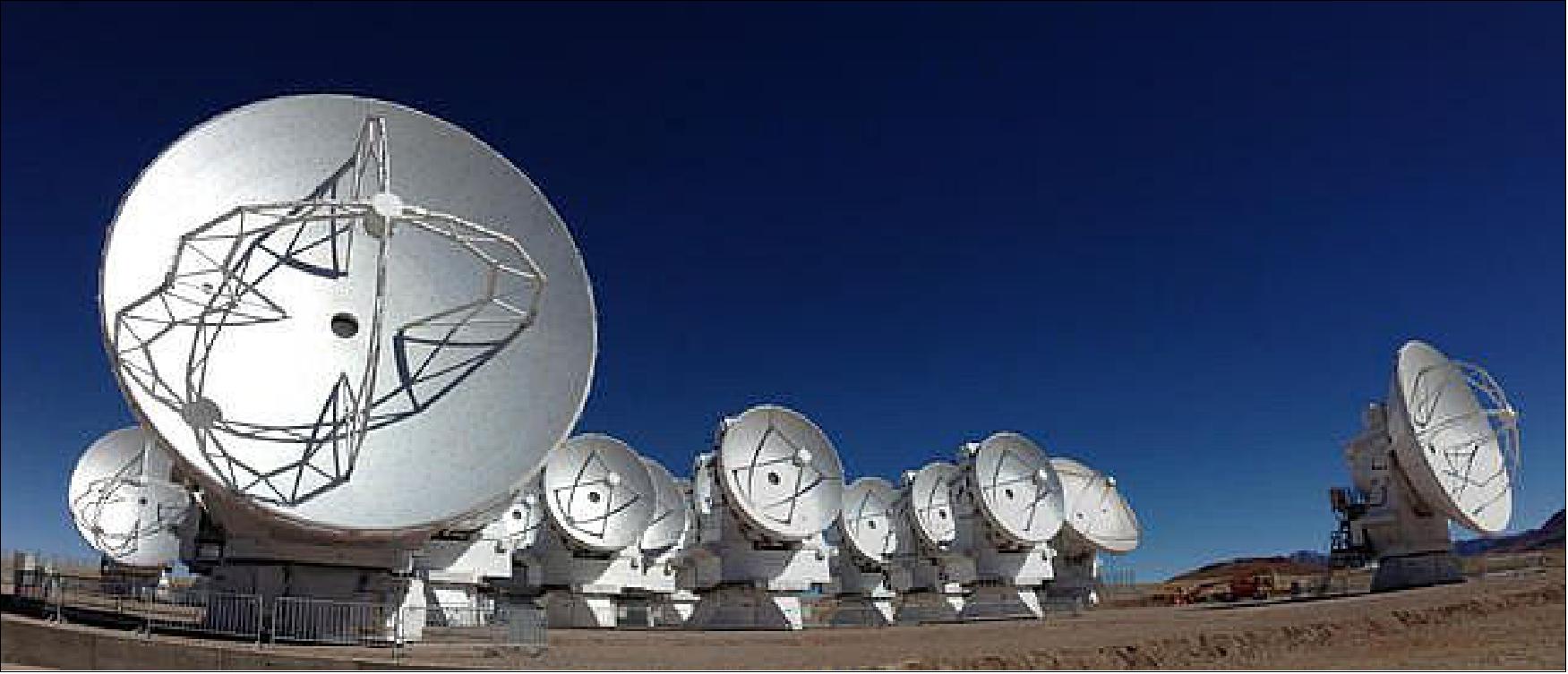 Figure 6: The 12th 7 m antenna developed by Japan was delivered to the high site in Chajnantor on April 29, 2013. Now all the 16 antennas of the ACA (Atacama Compact Array) are installed at the Array Operations Site at an altitude of 5,000 m, waiting to unveil secrets of the universe (image credit: ALMA partnership) 16)